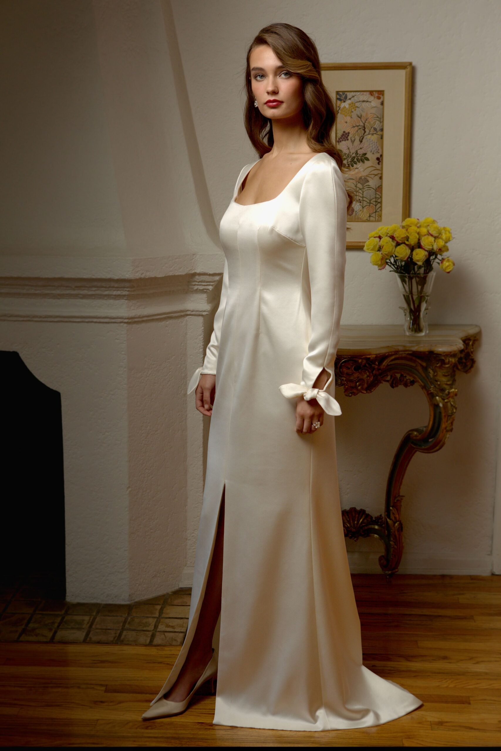 white silk fitted gown