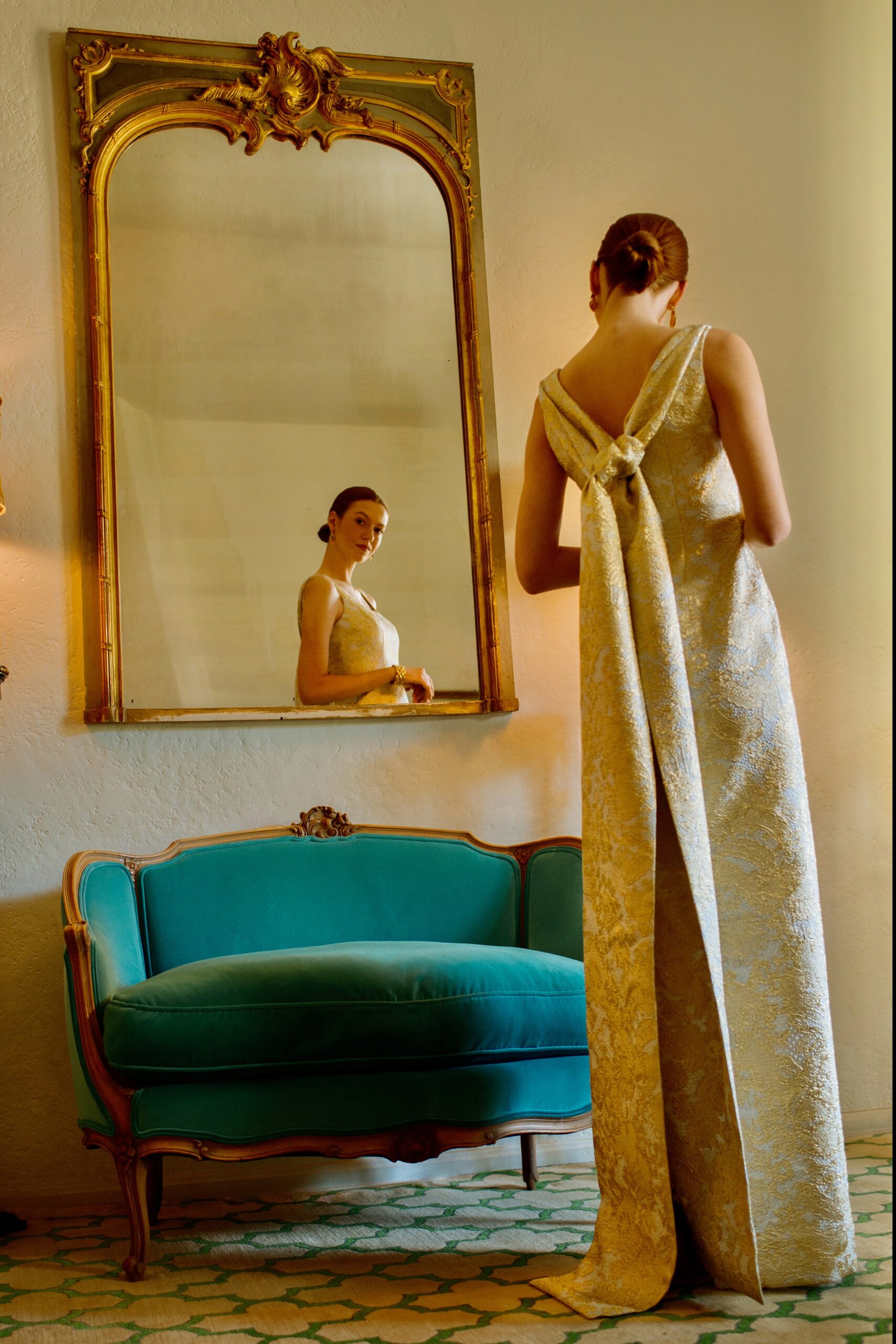 gold brocade sleeveless gown