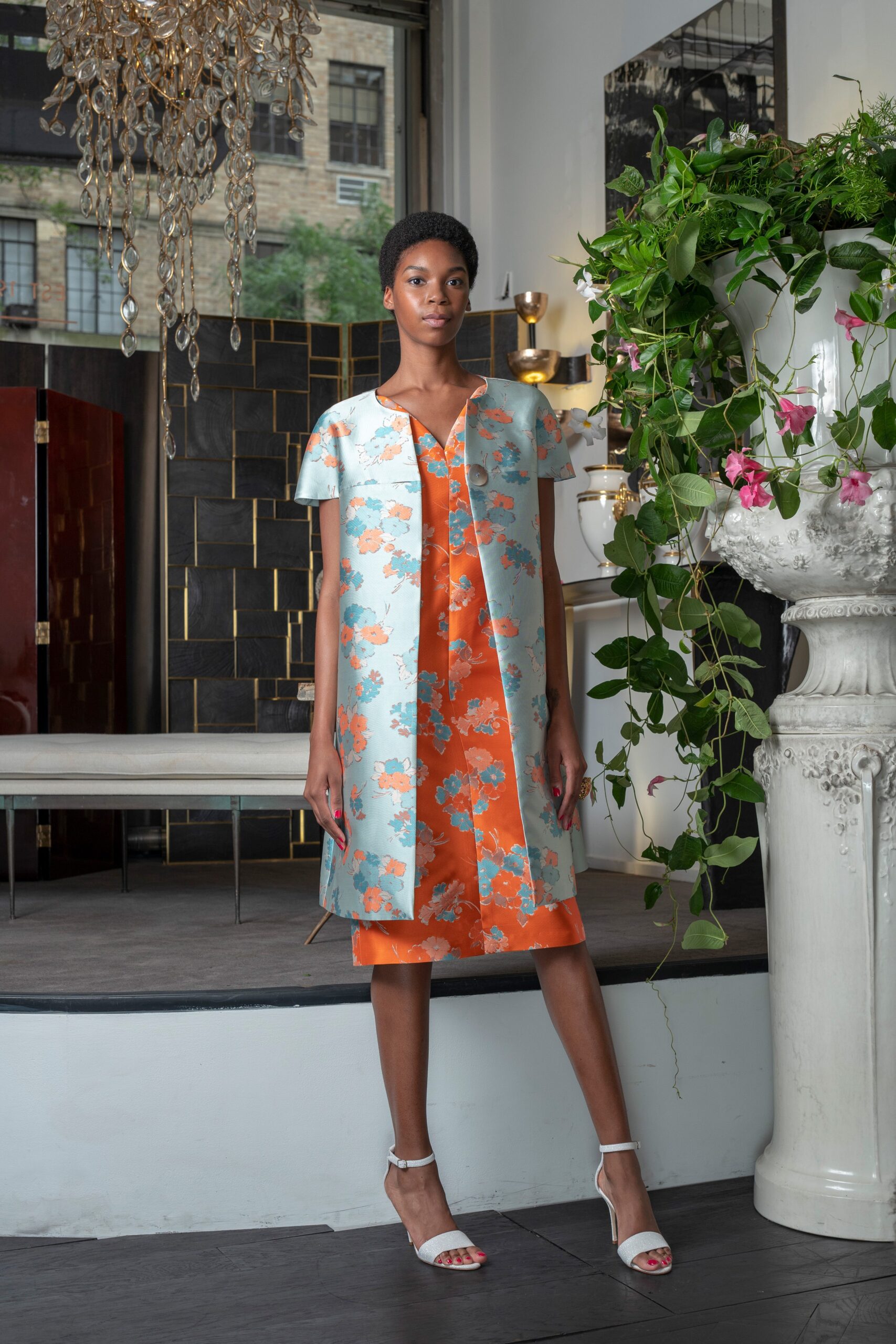 floral silk dress with coat