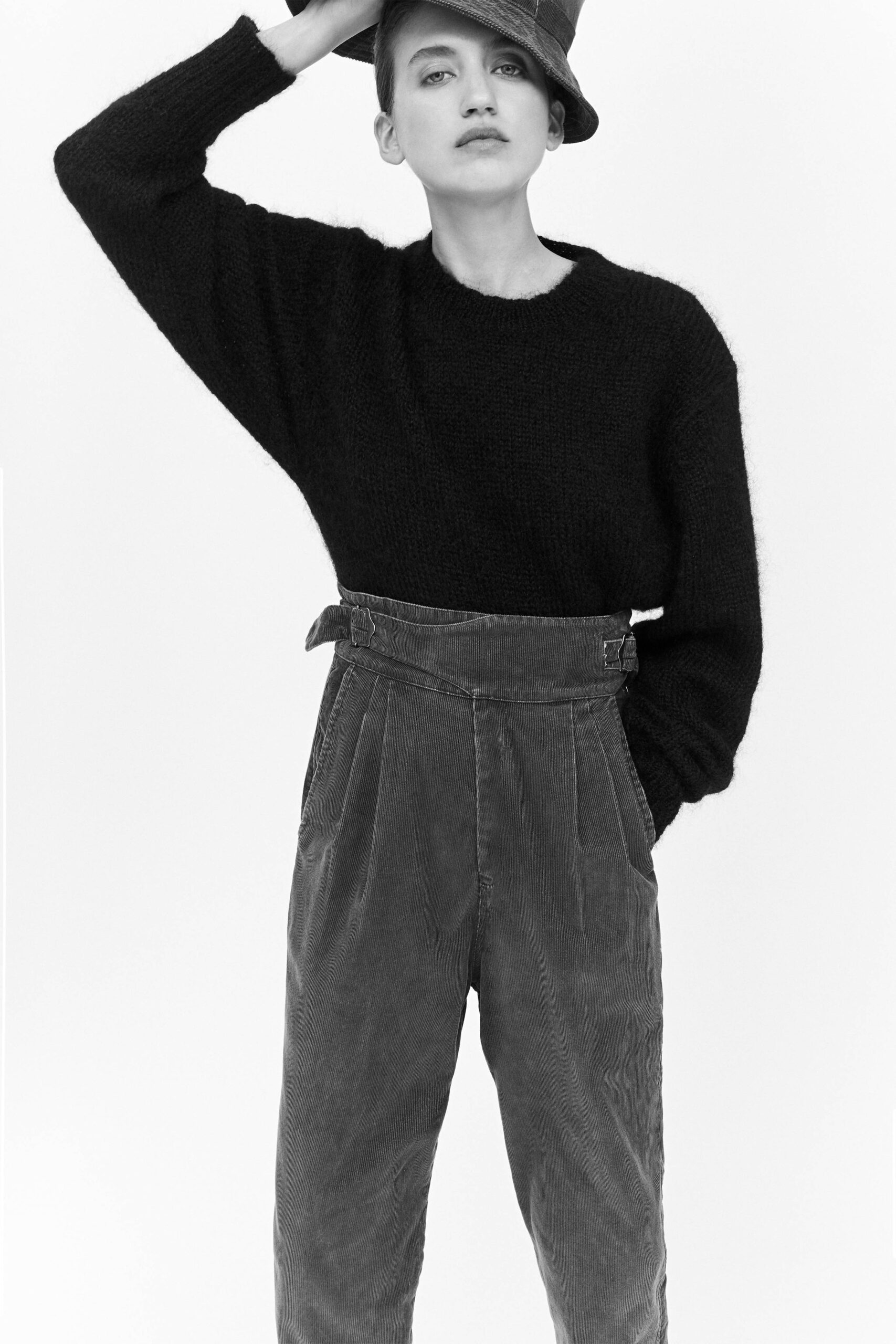 black wool sweater gray pants