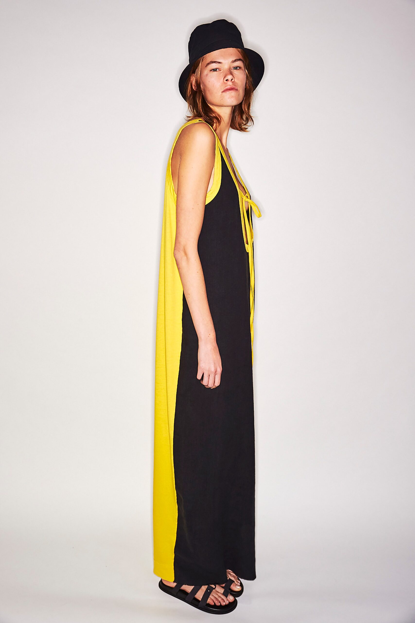 black and yellow color-blocked maxi dress