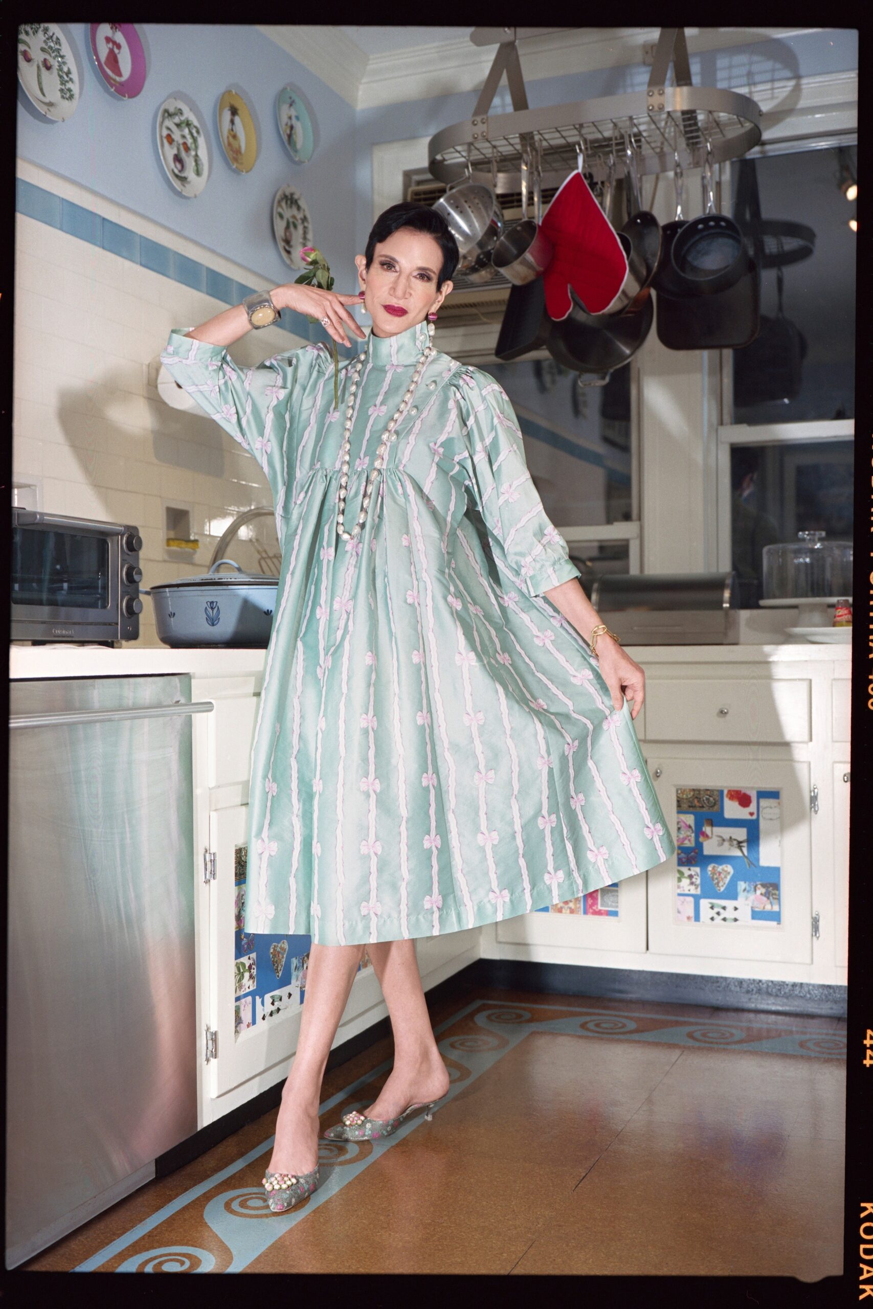 green cotton long-sleeve collared relaxed embroidered tiered dress