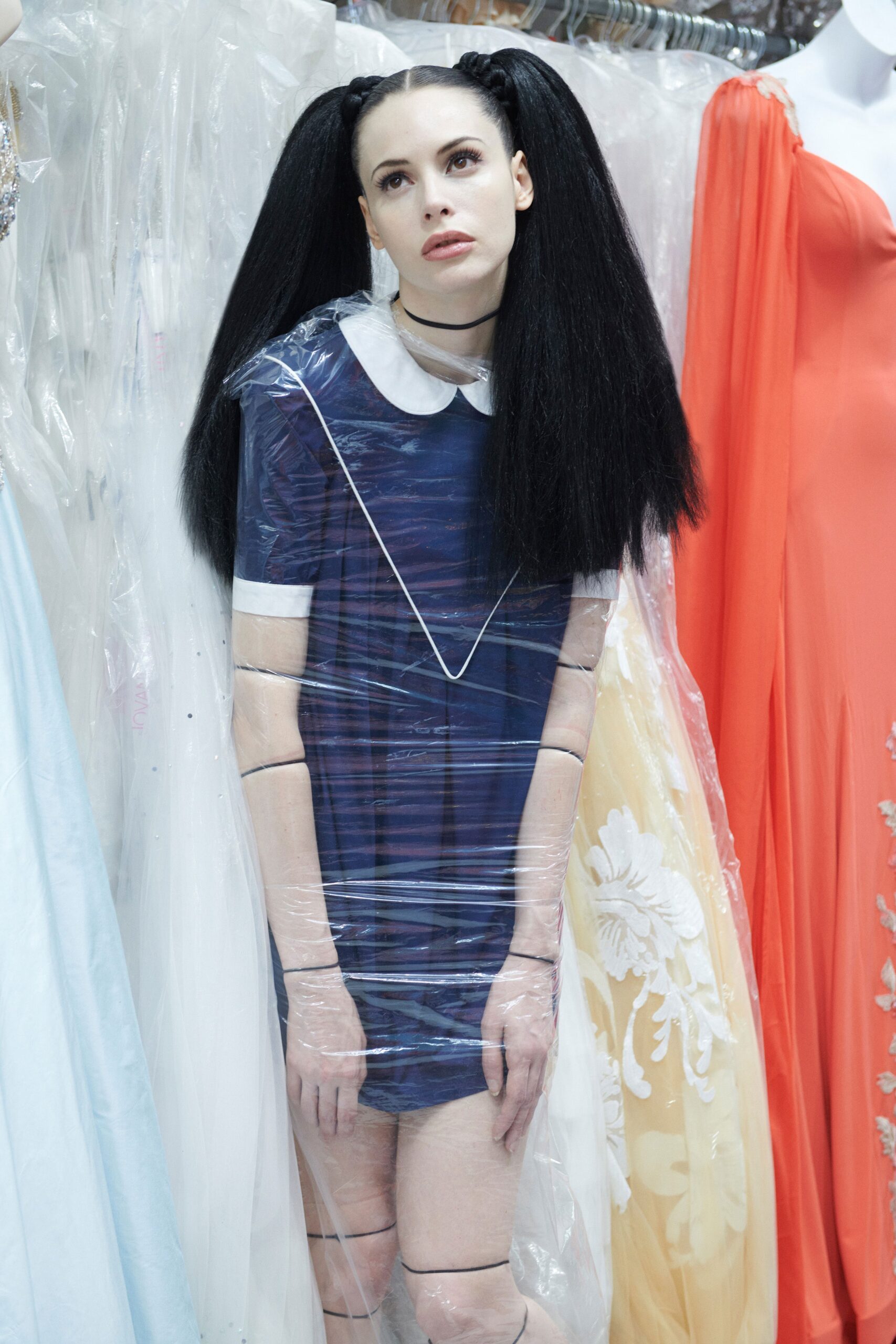 fitted blue vinyl dress