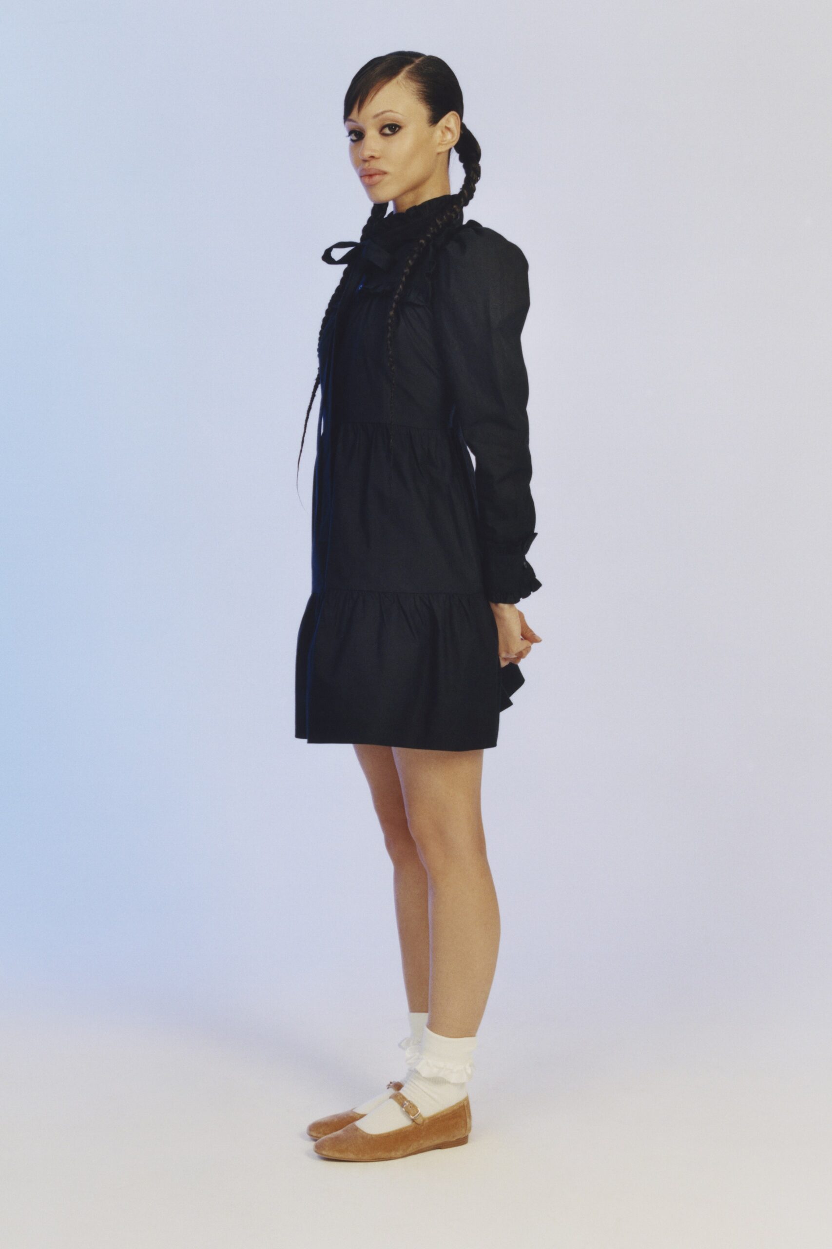 black cotton long-sleeve collared fitted ruffled tiered dress