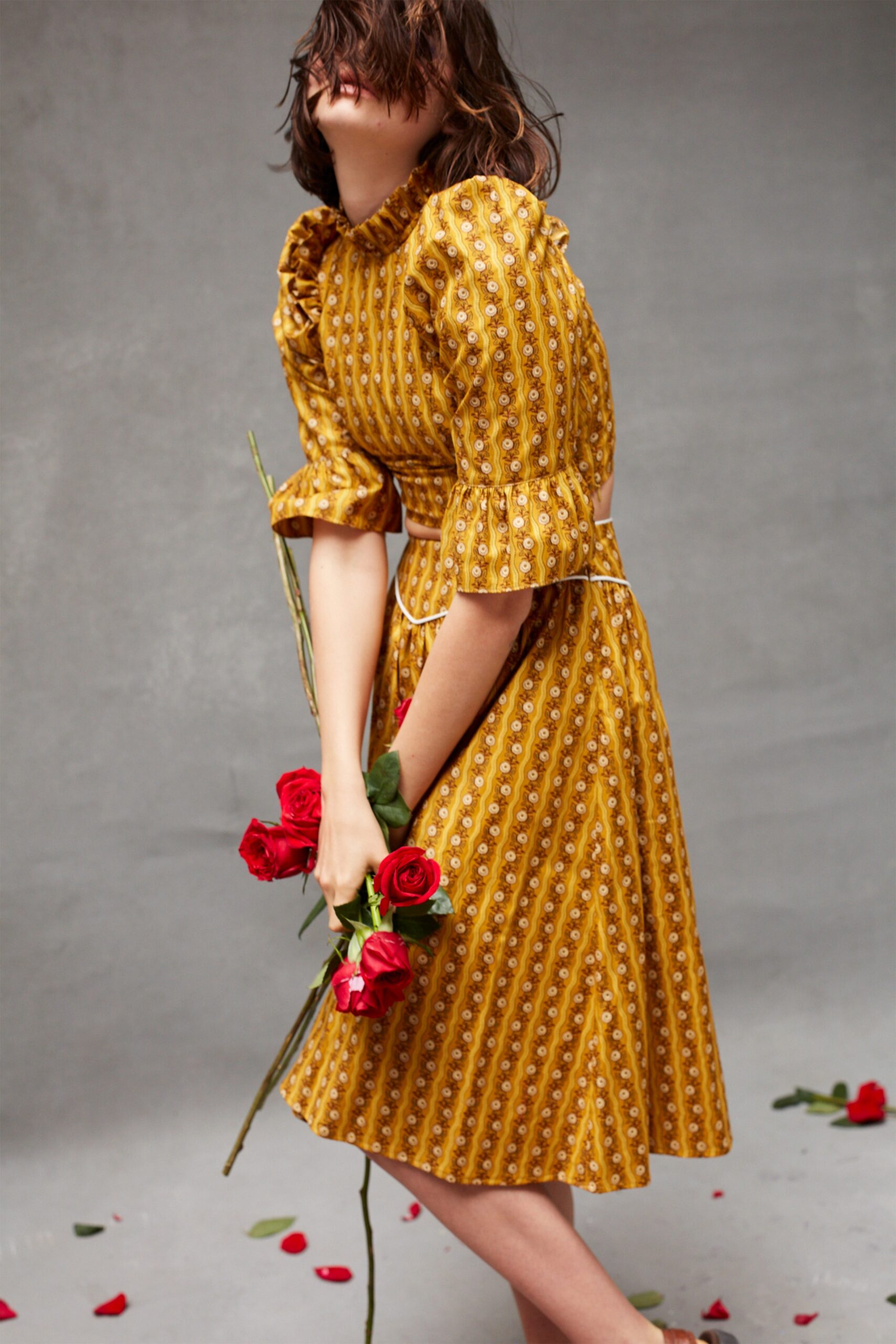 yellow pleated midi dress