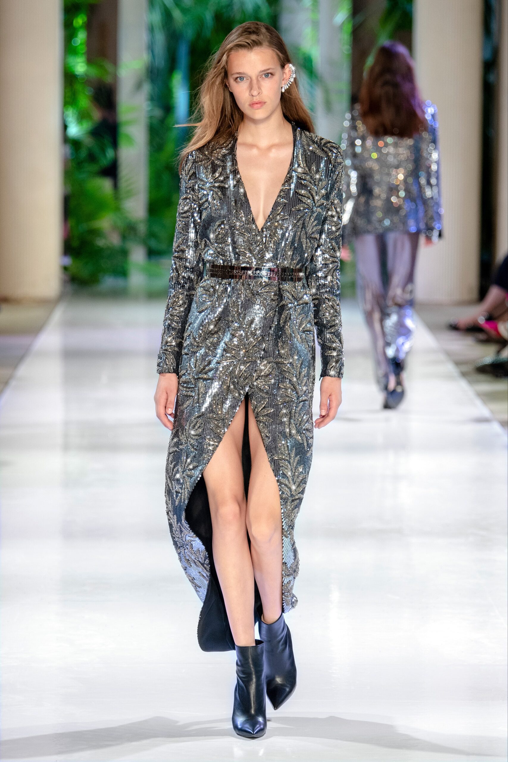 silver sequin long-sleeve gown