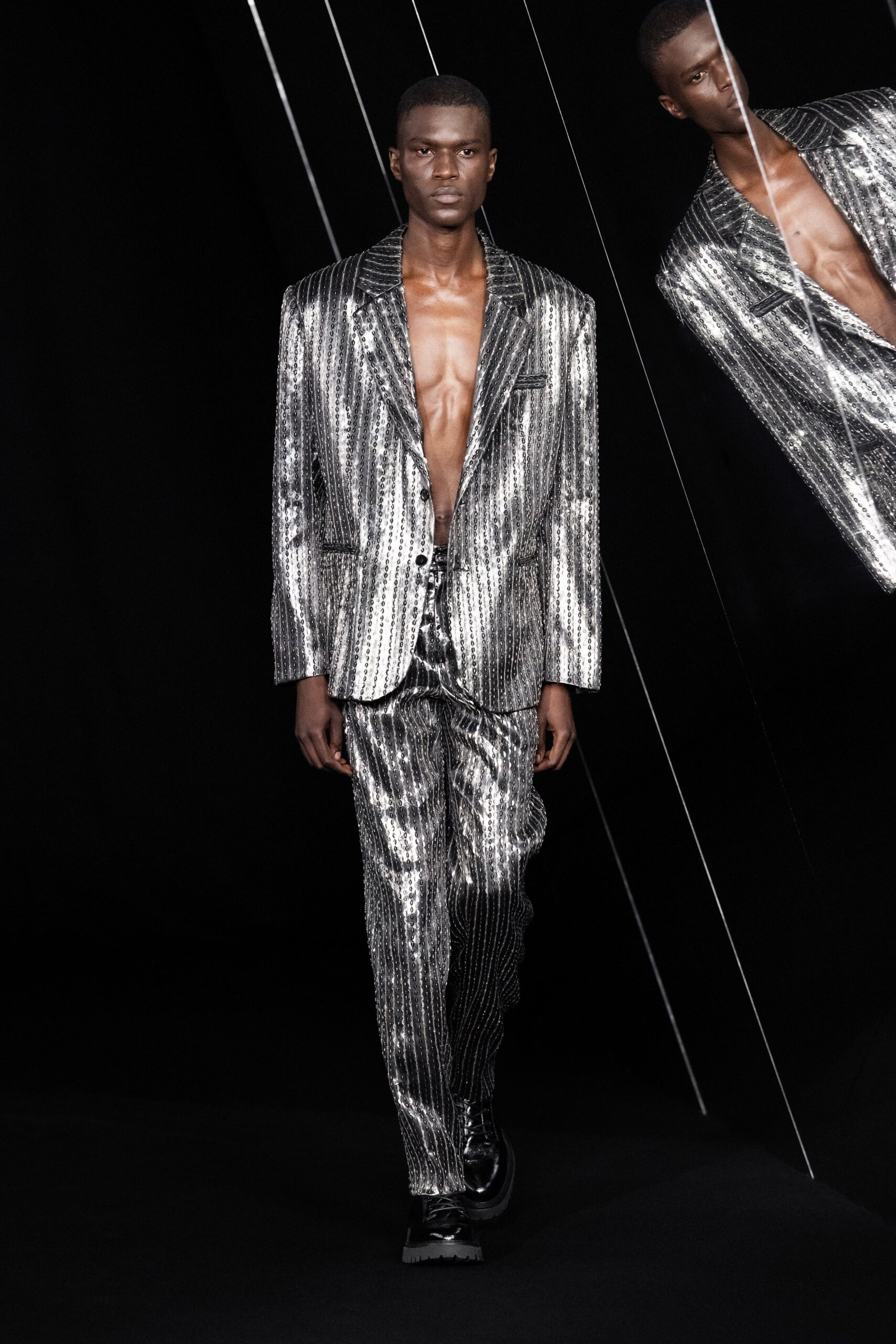 shiny silver tailored suit