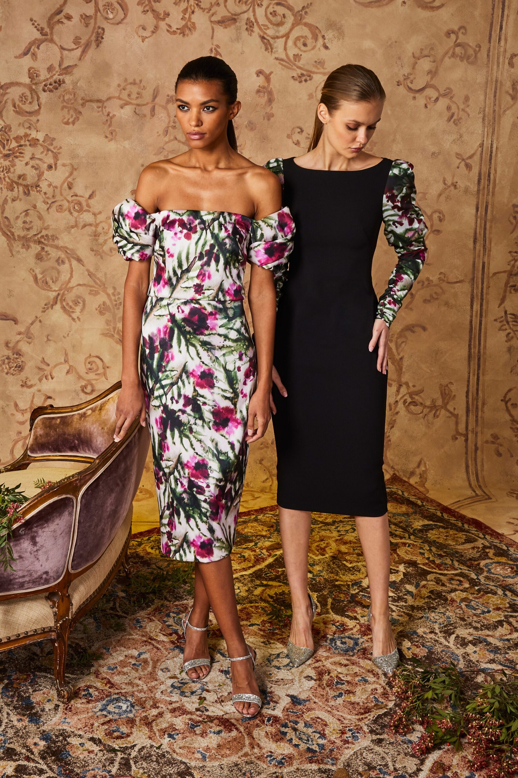black and multi floral midi dresses