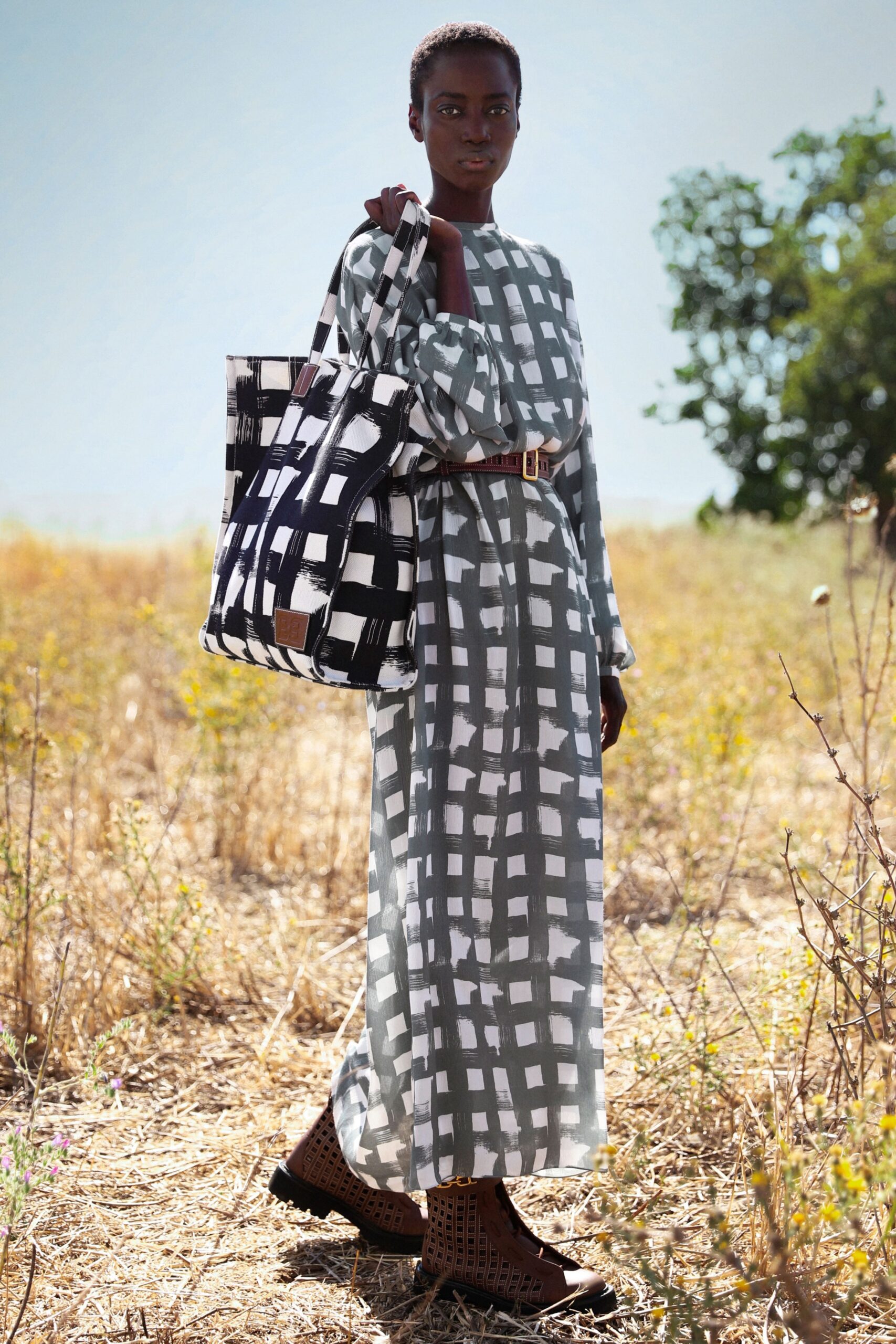 gray and white checked maxi dress