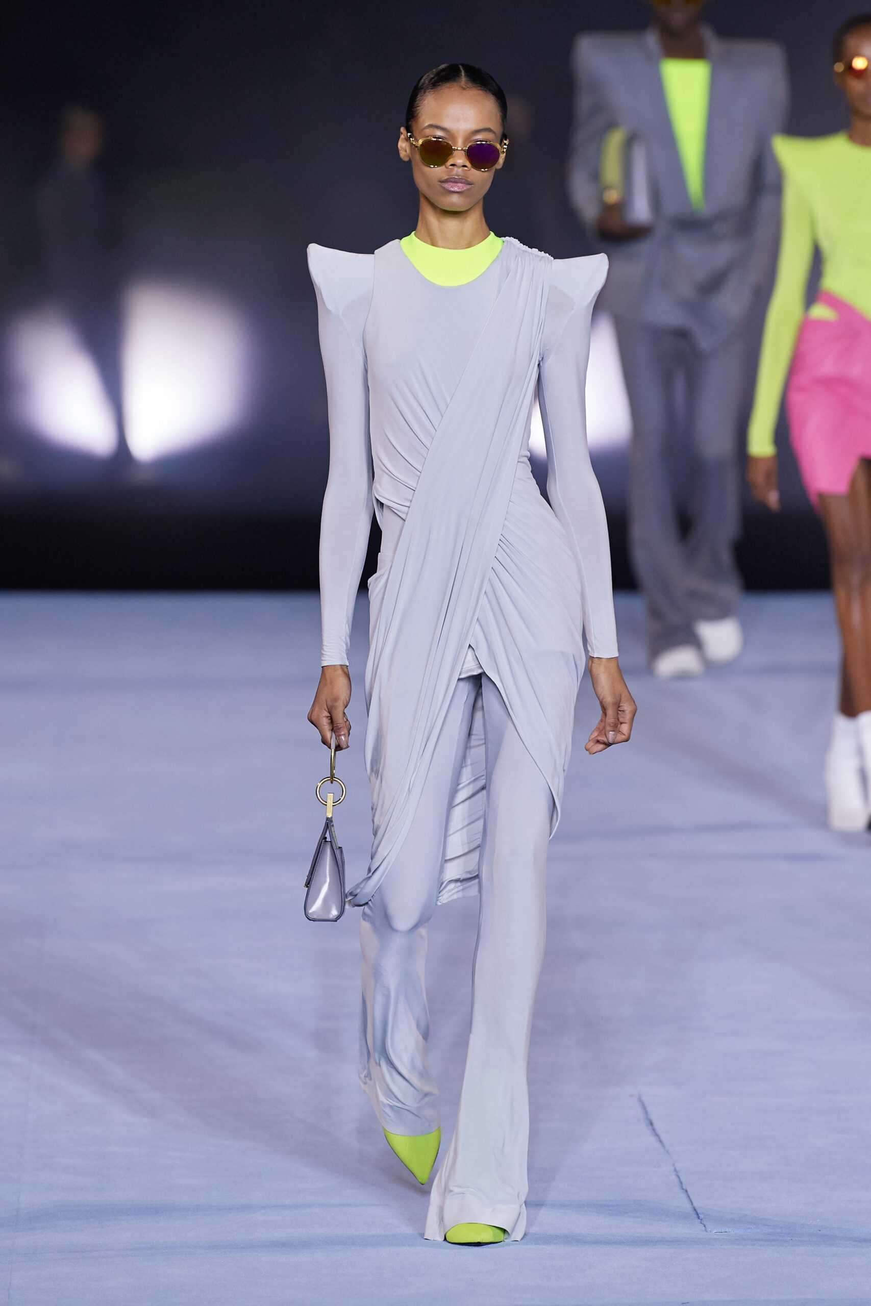 gray draped midi dress with neon accents