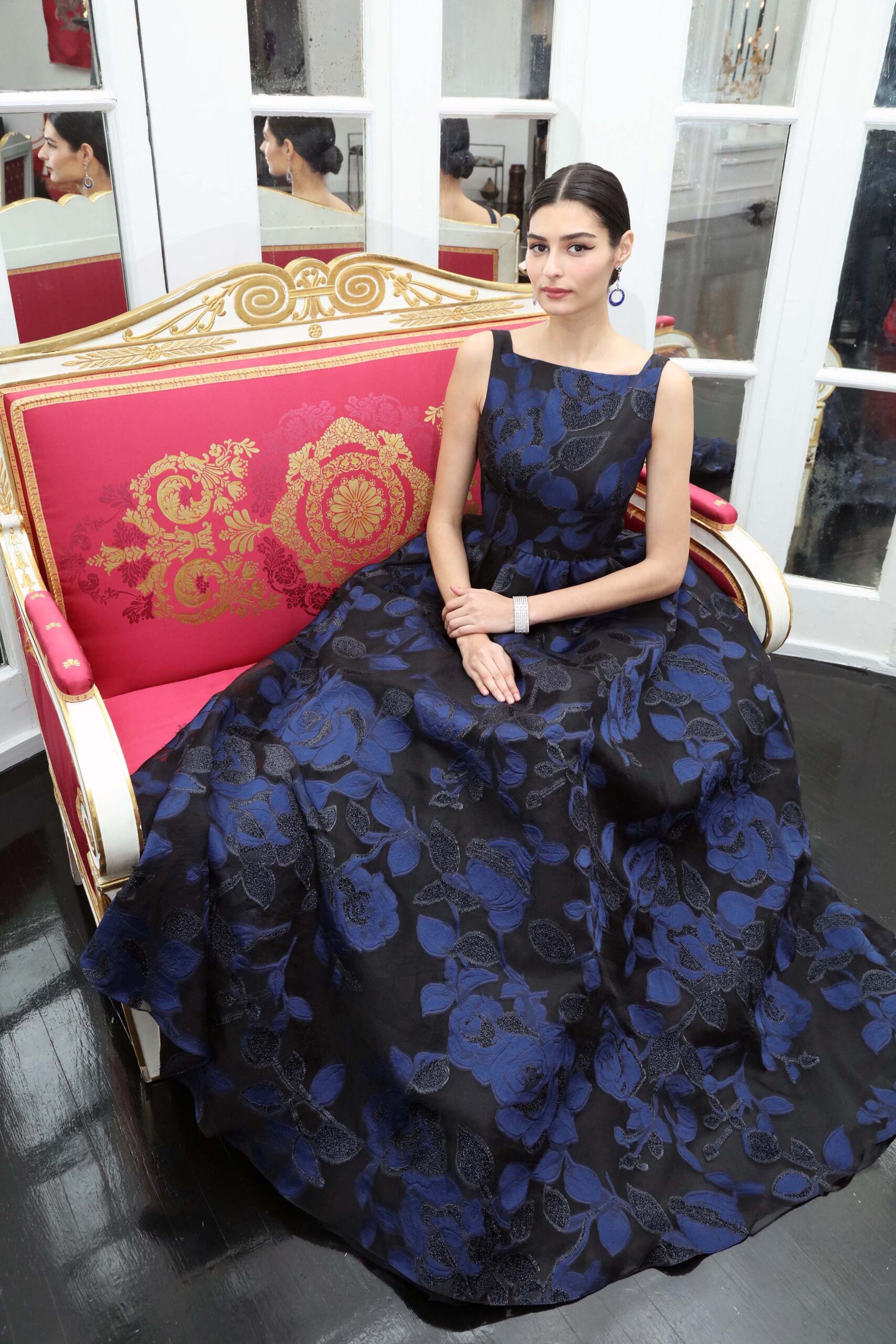 black and blue floral gown