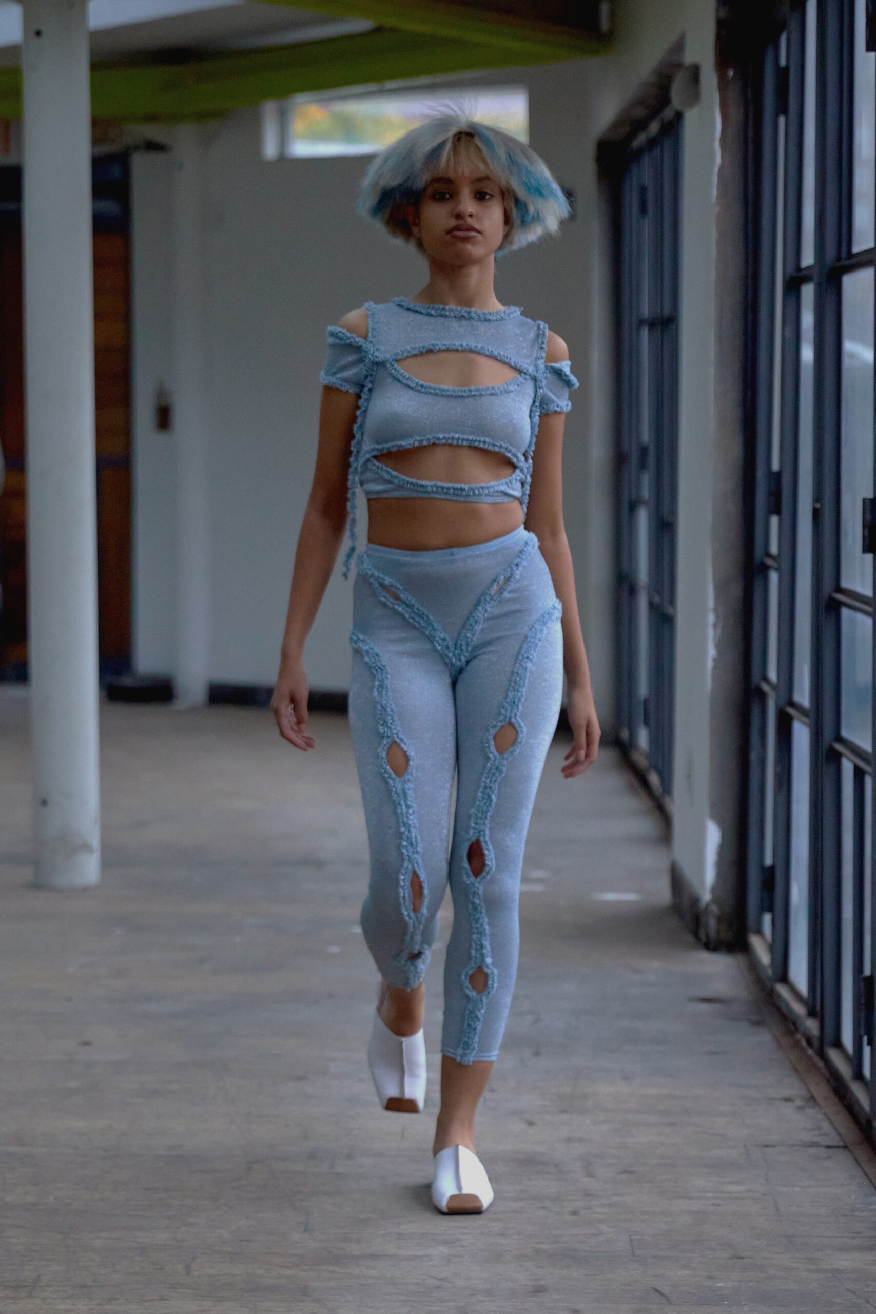 blue denim cutout fitted high-waisted zippered pants