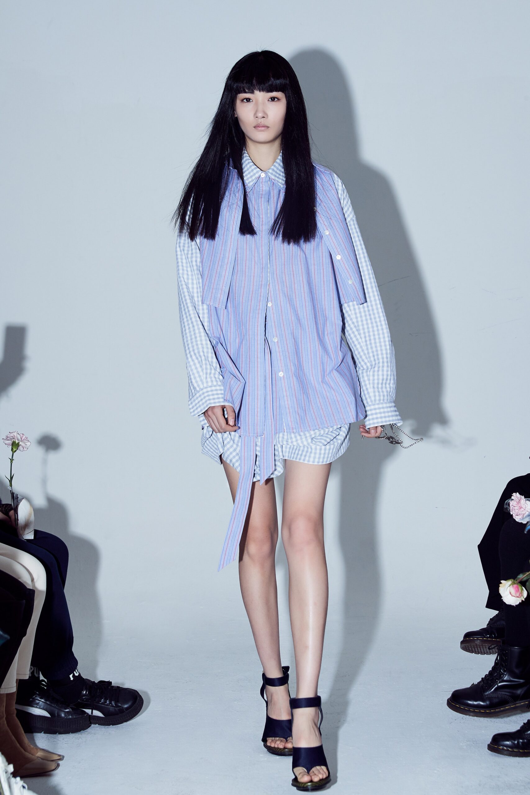 blue cotton long-sleeve collared oversized striped short shirt
