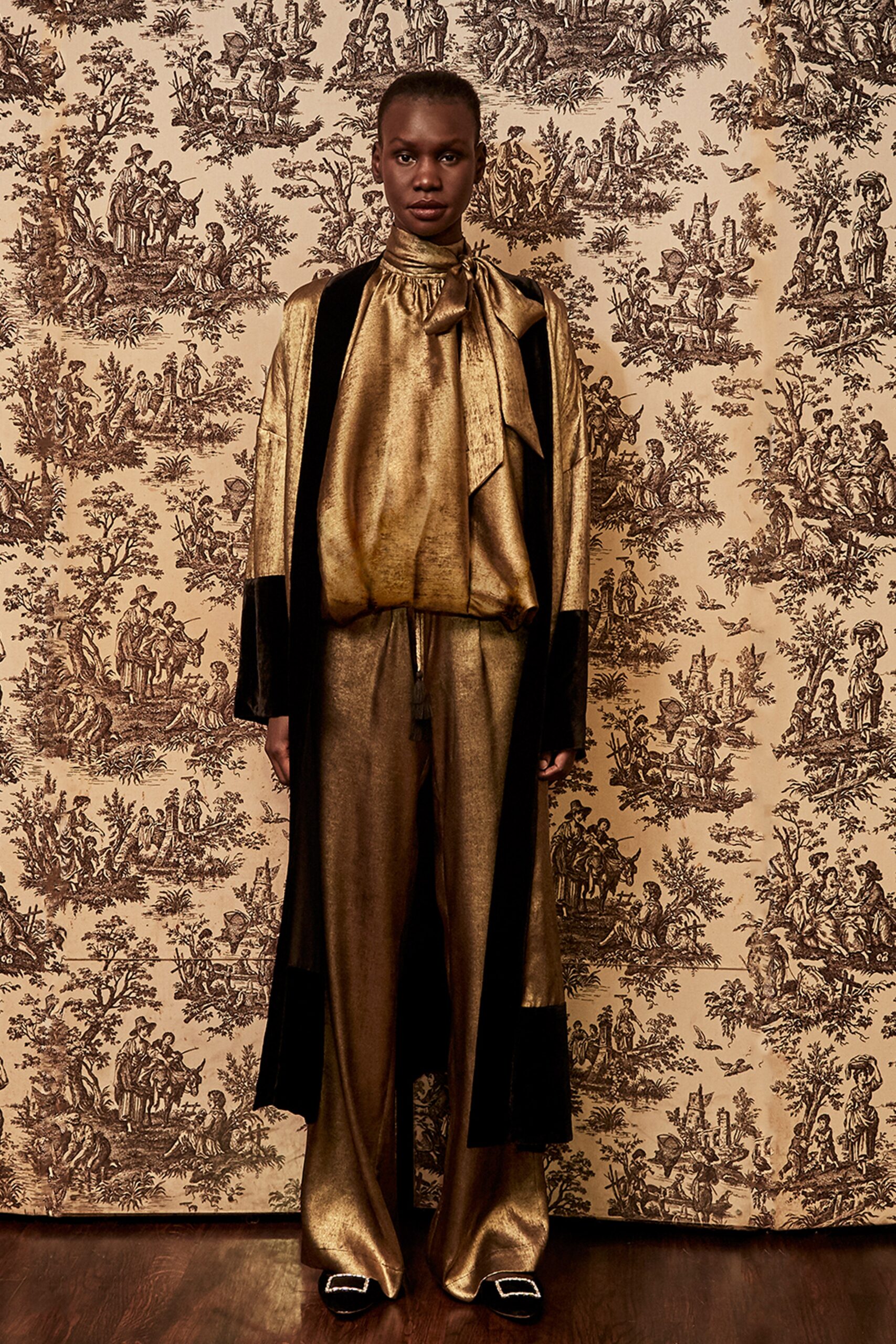 gold silk relaxed top and pants