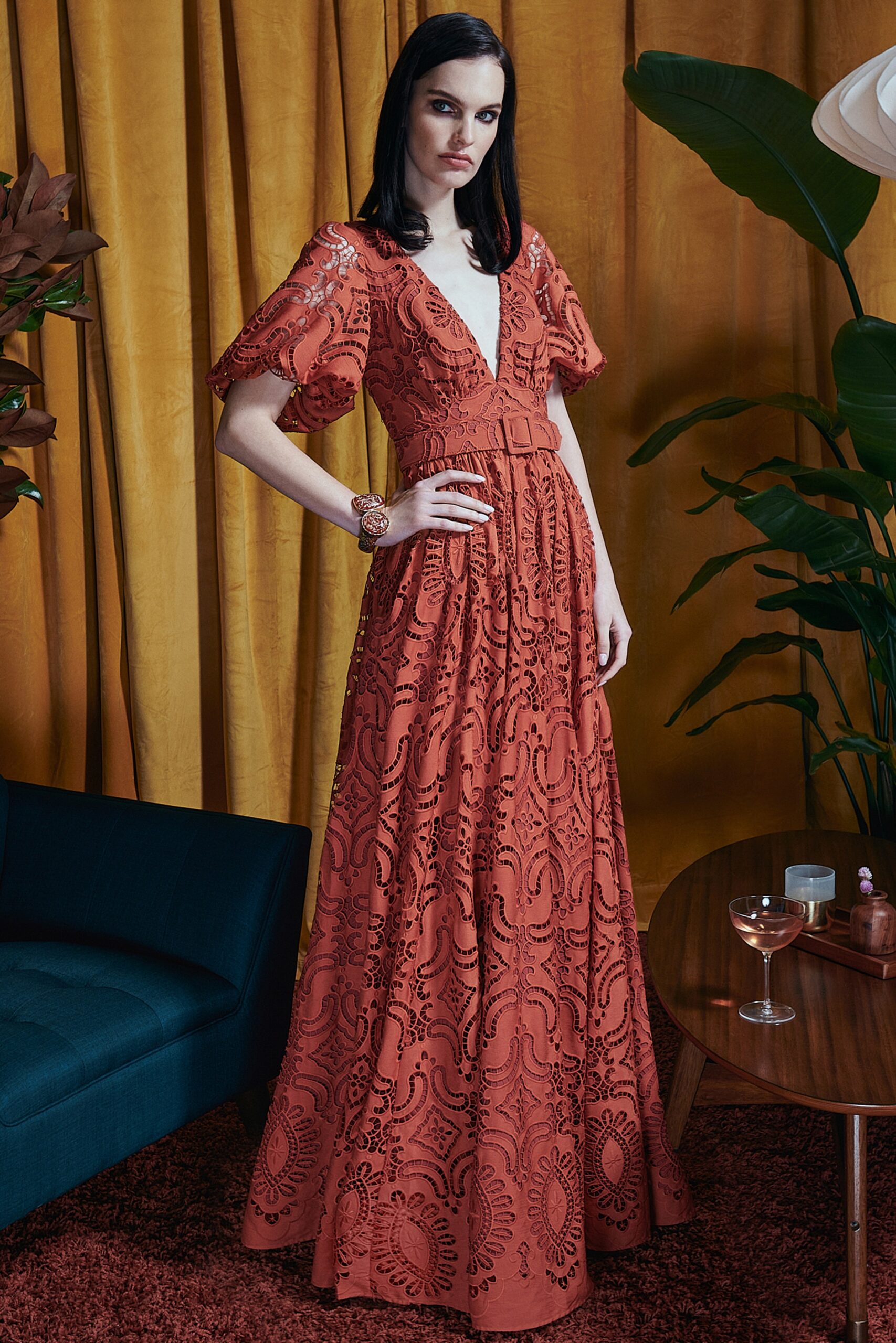orange lace fitted gown