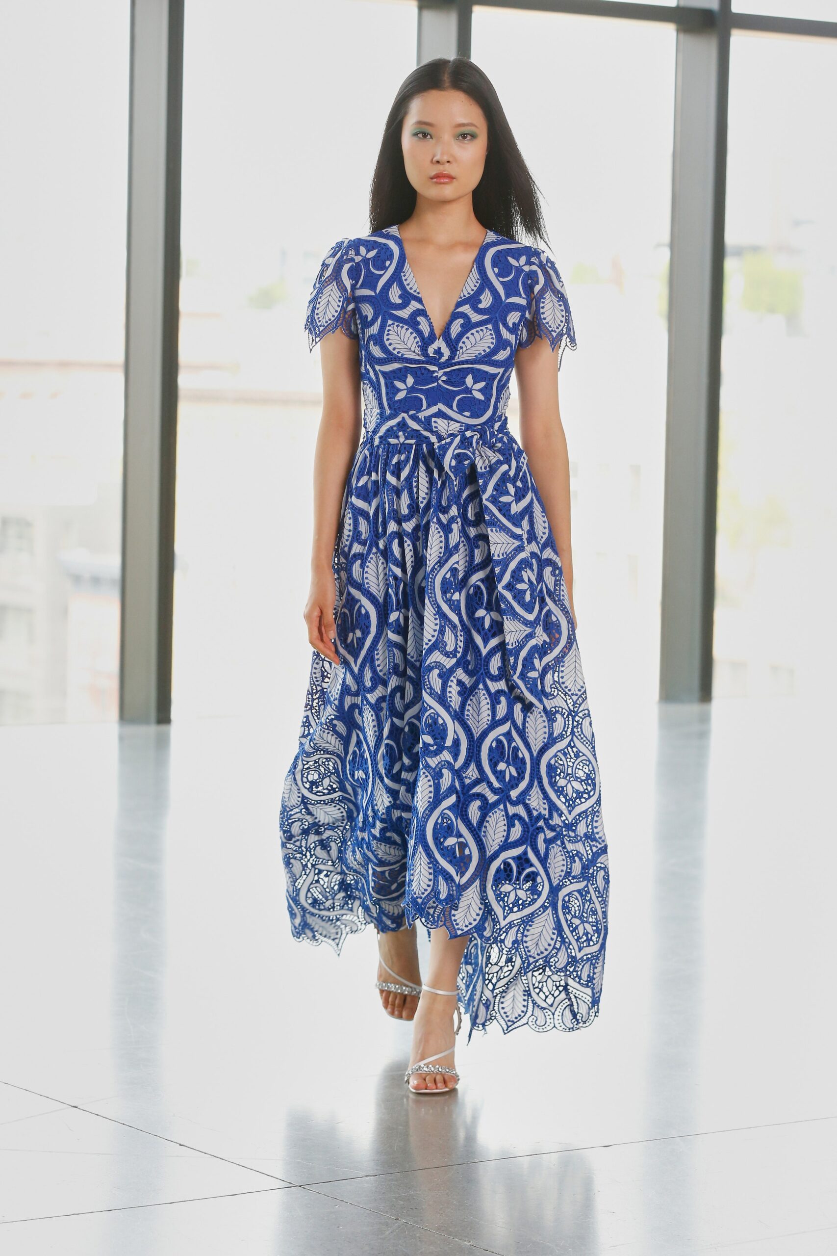 blue and white lace maxi dress