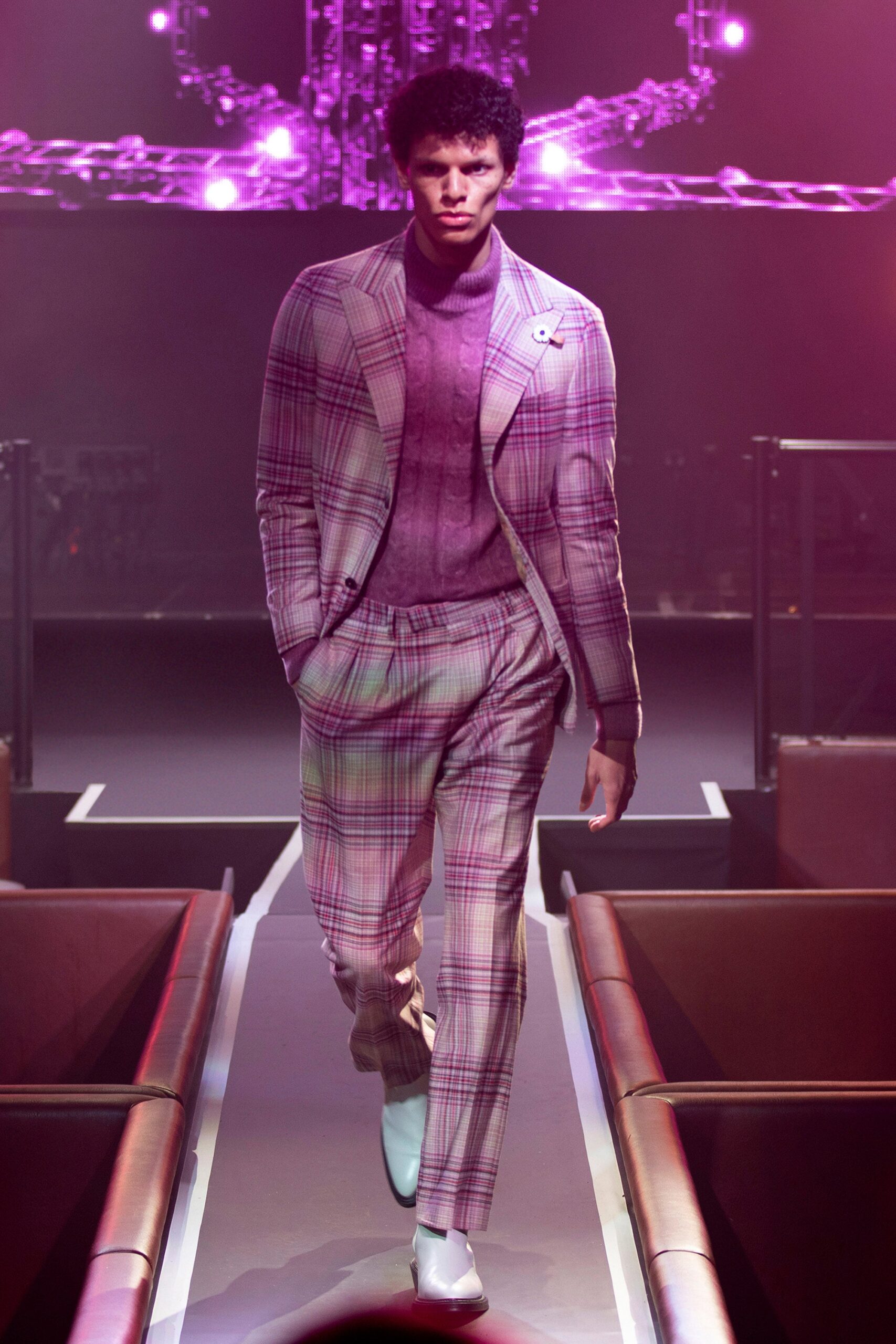 purple checked tailored suit