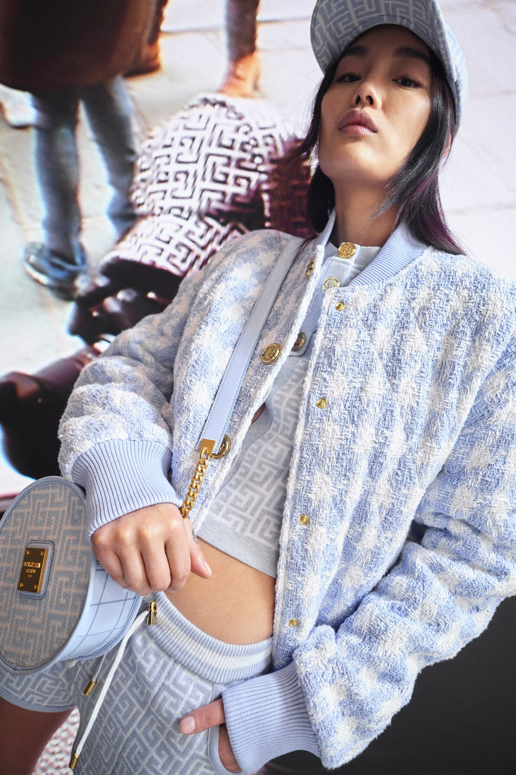 blue and white relaxed jacket with cropped top