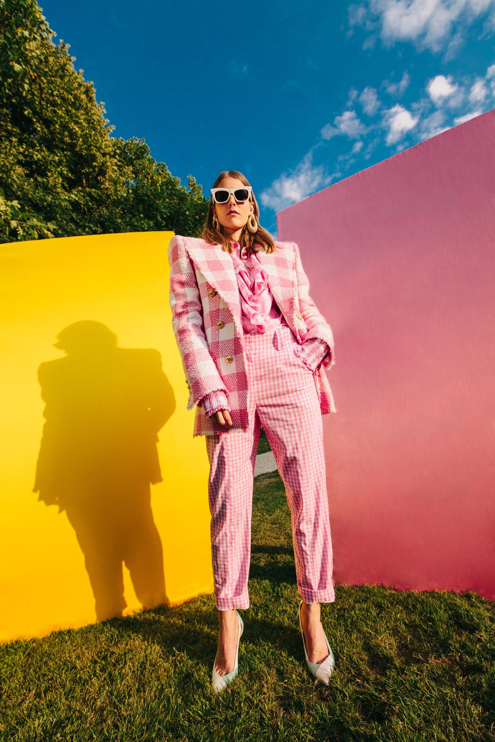 pink tailored blazer and pants