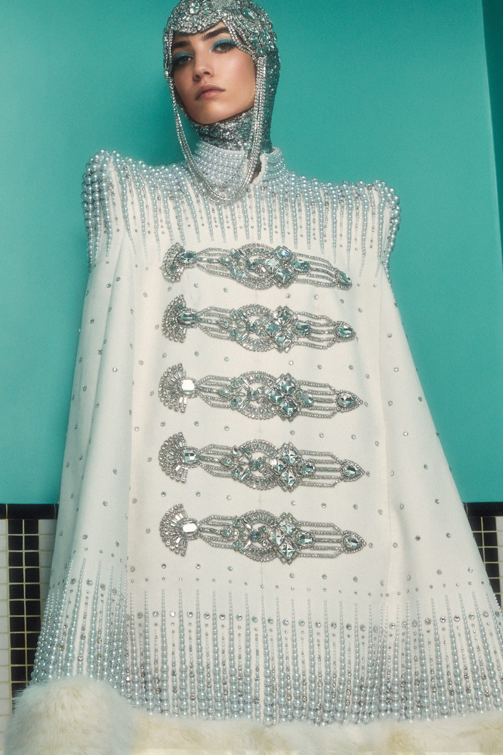 white embellished wool cape