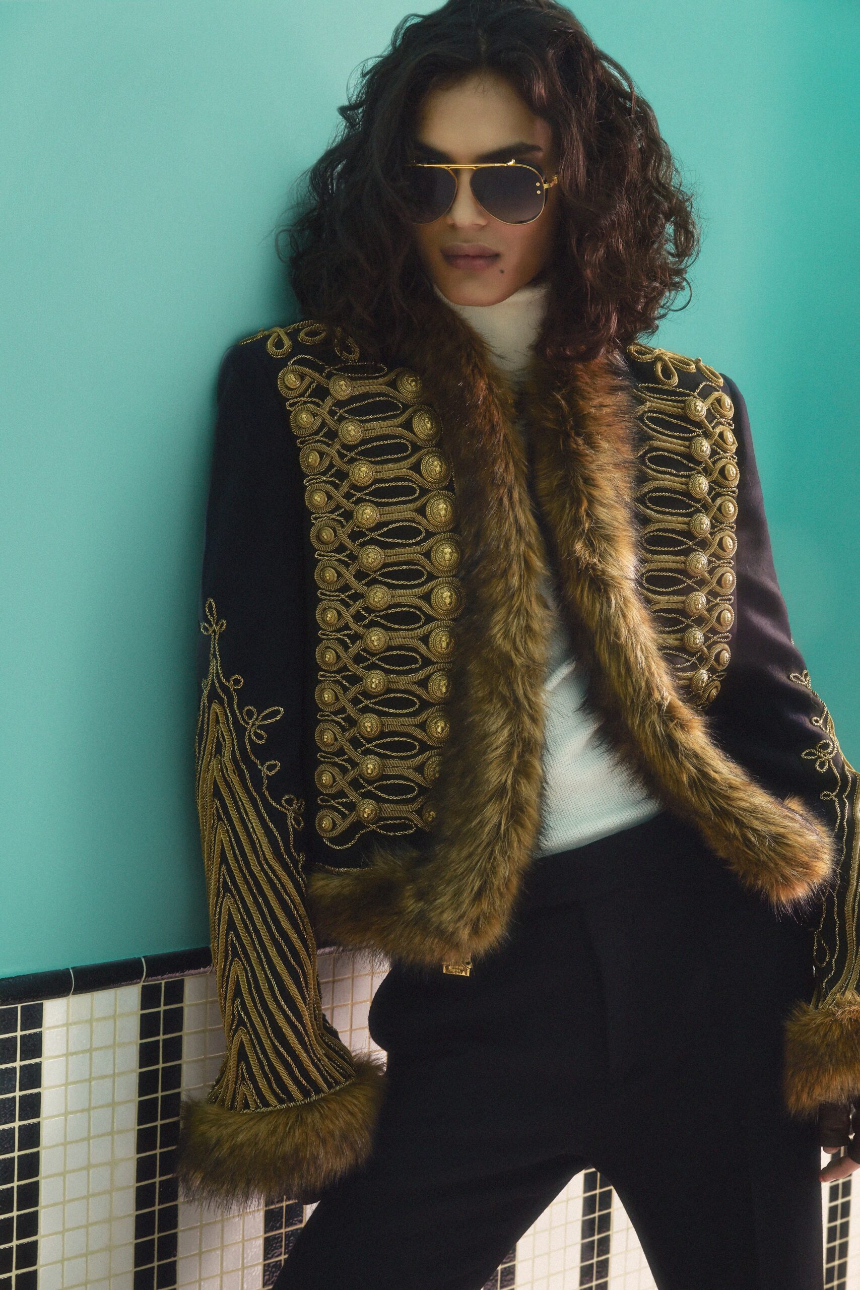 black wool long-sleeve collared fitted embroidered fringed jacket