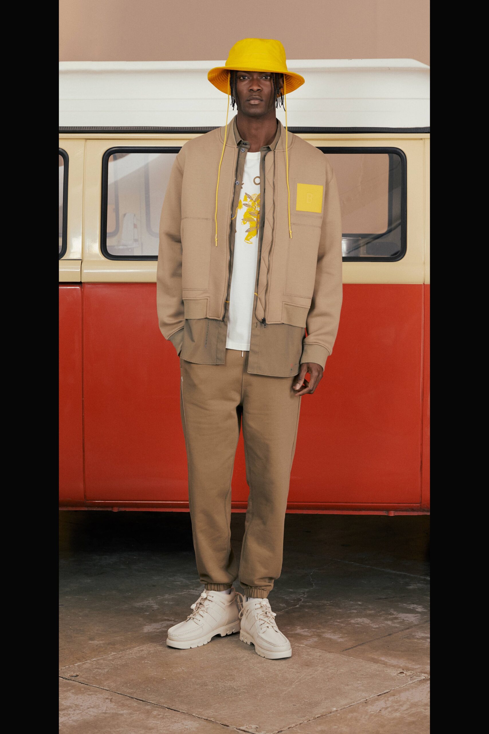 beige relaxed jacket with white t-shirt