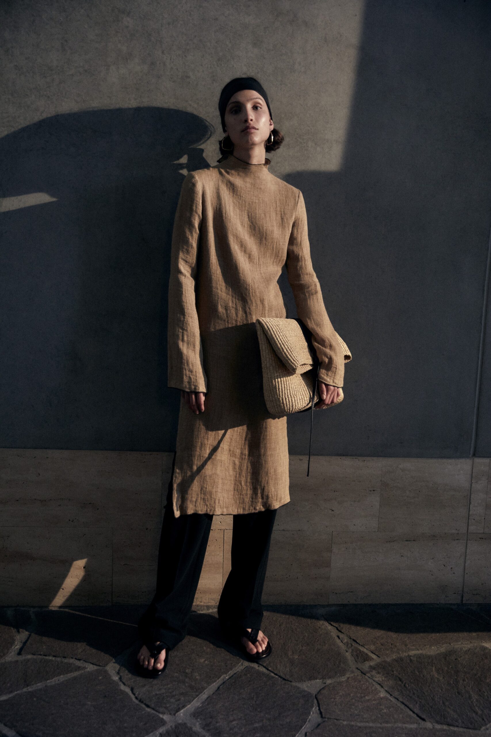 beige linen midi dress with black pants