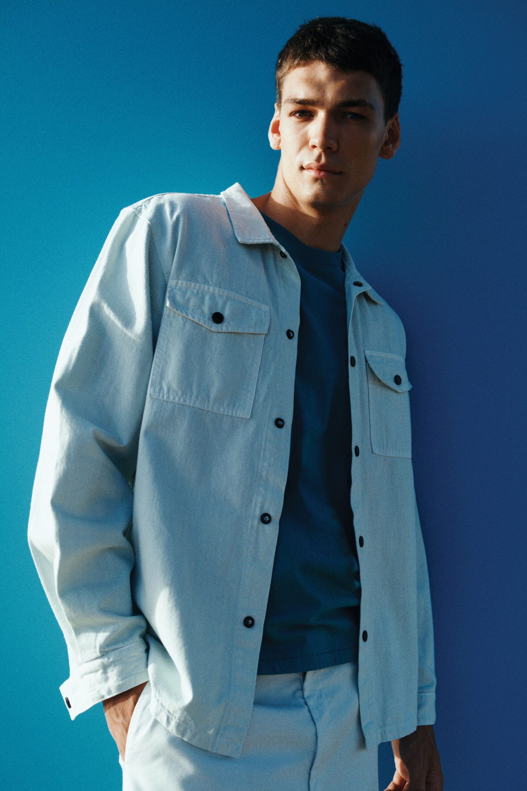 light blue denim jacket and blue t-shirt