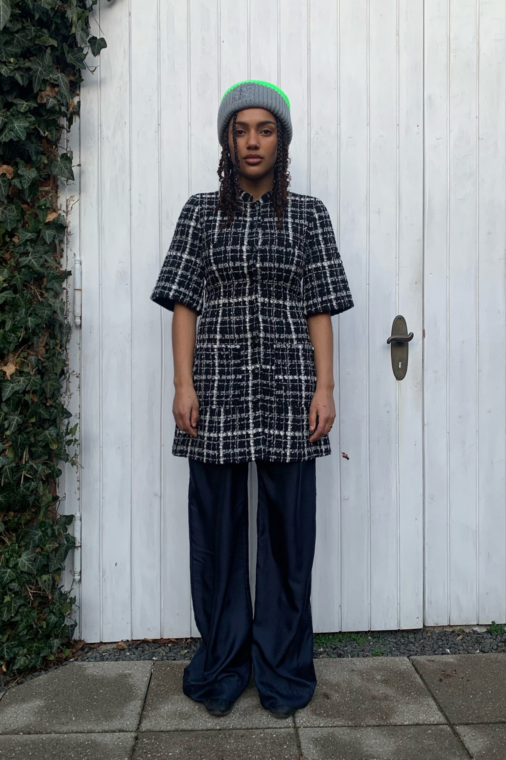 checked short-sleeve dress with relaxed pants