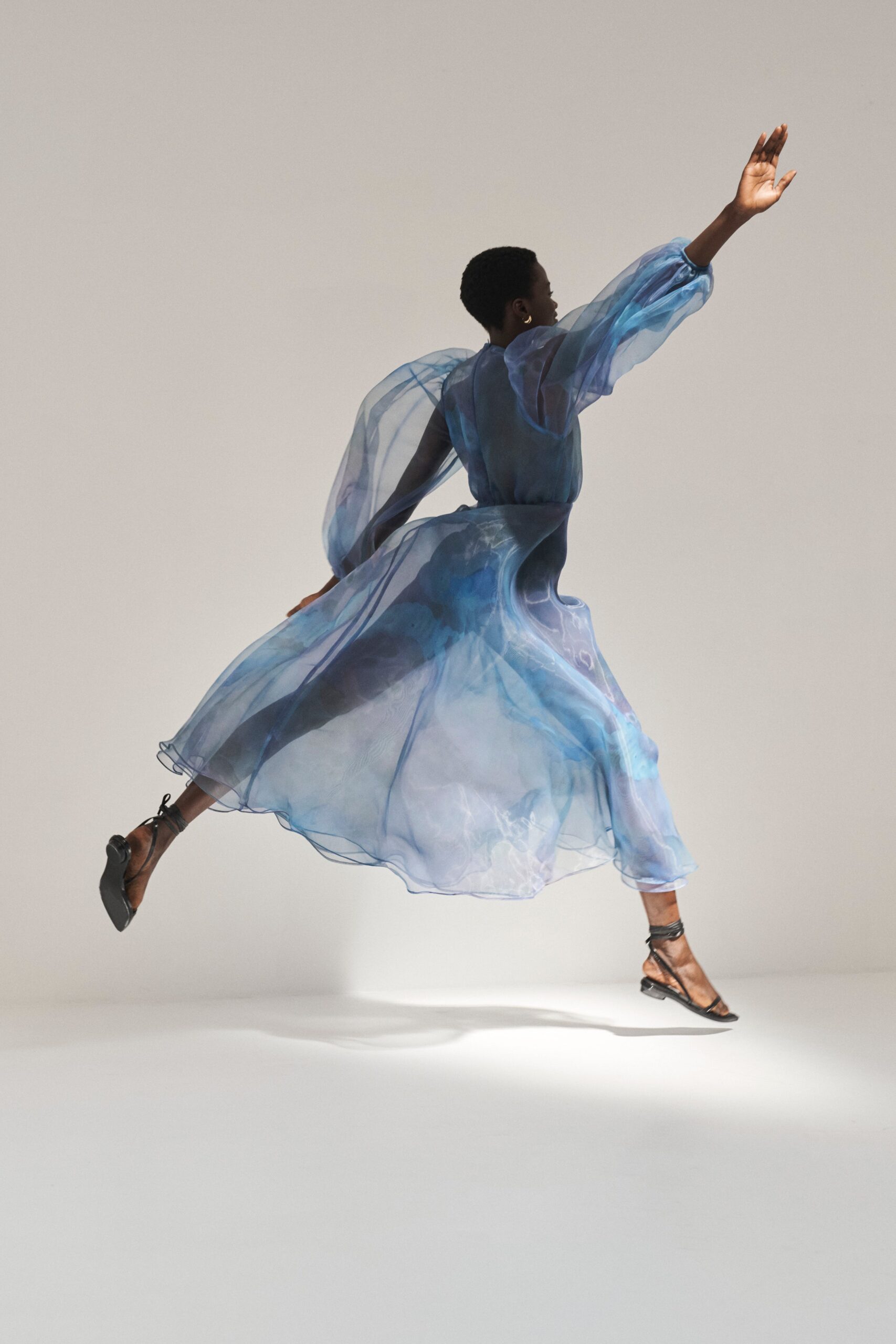 blue organza long-sleeve high-neck printed sheer flowing maxi-dress