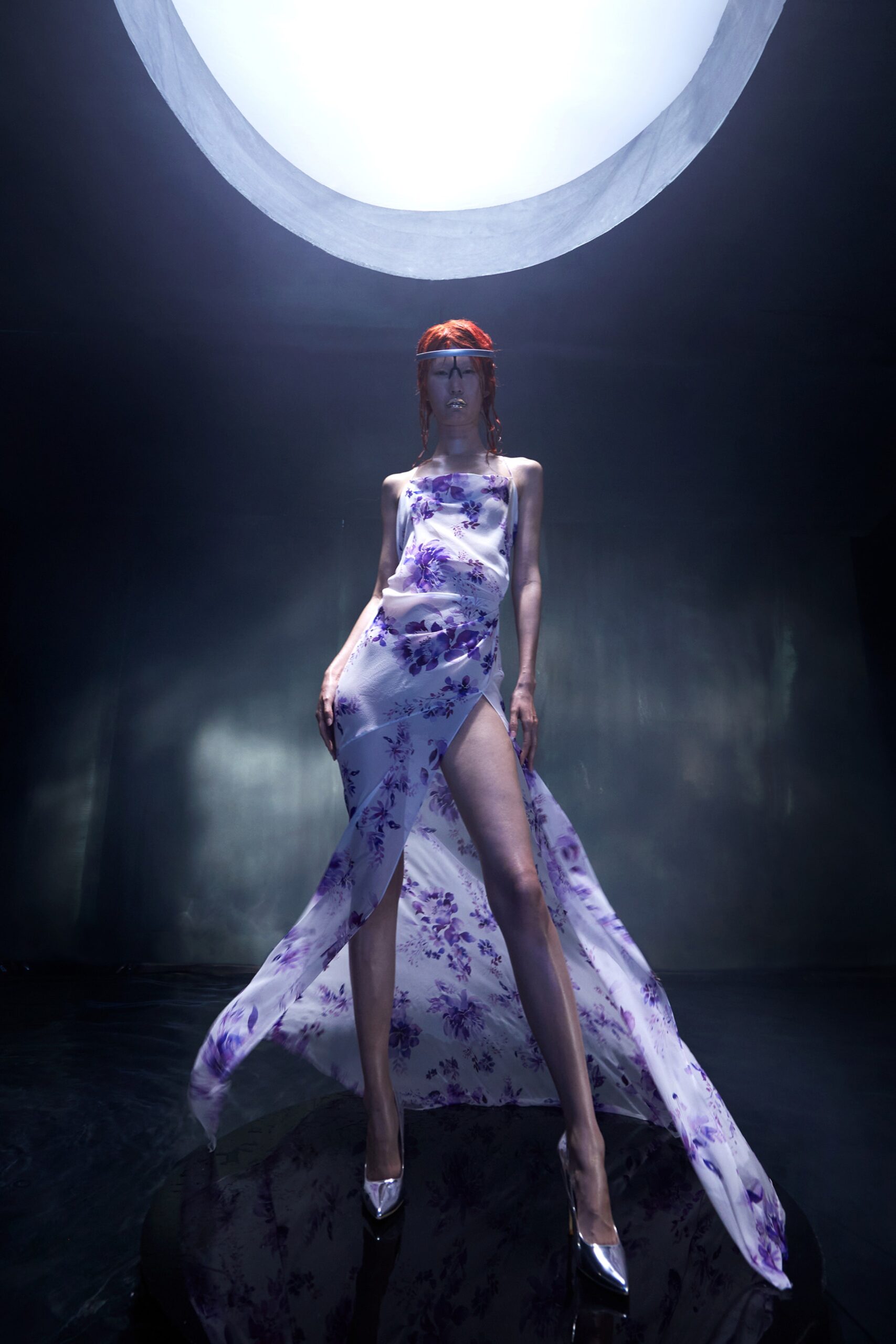 white silk flared dress