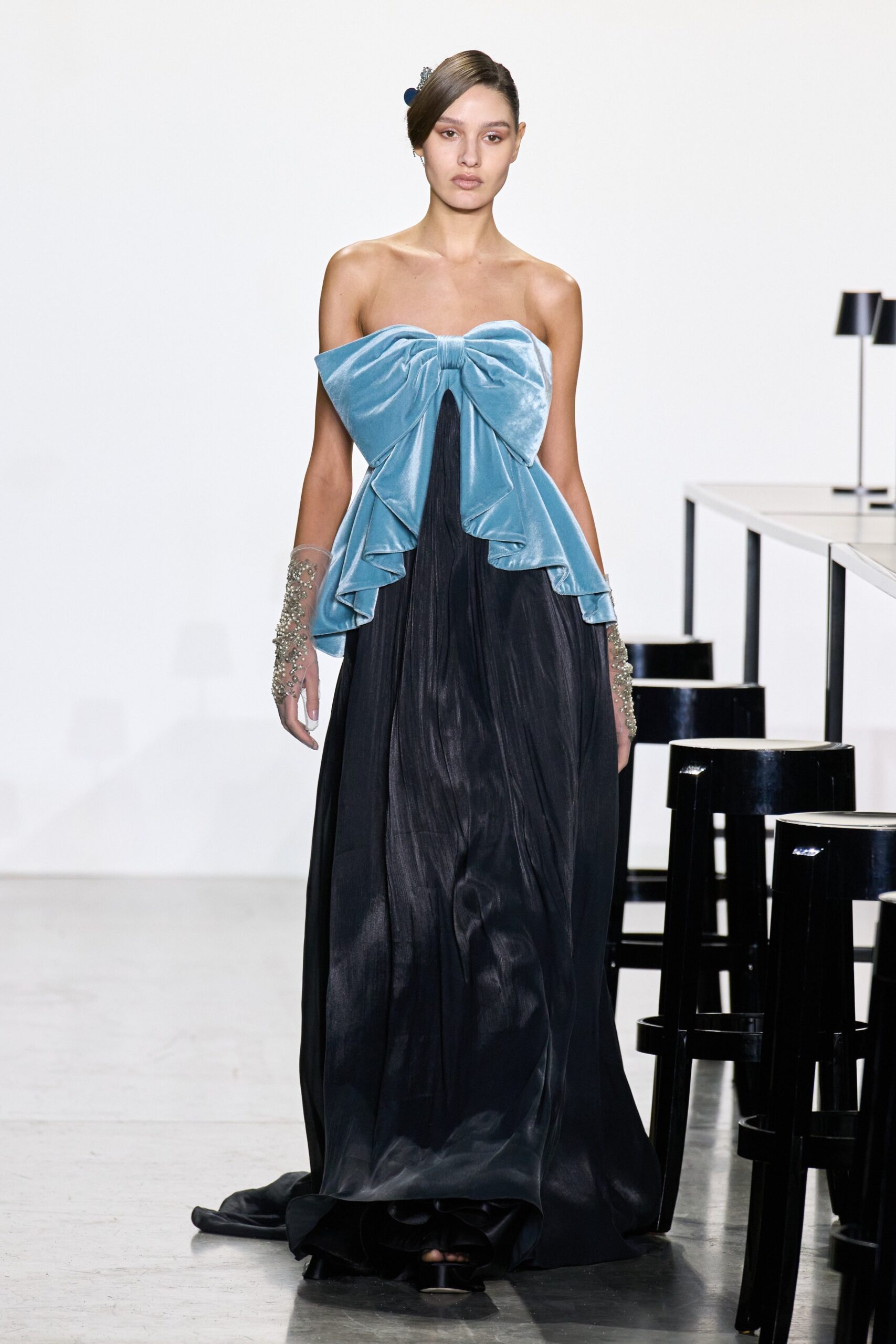 blue velvet strapless gown