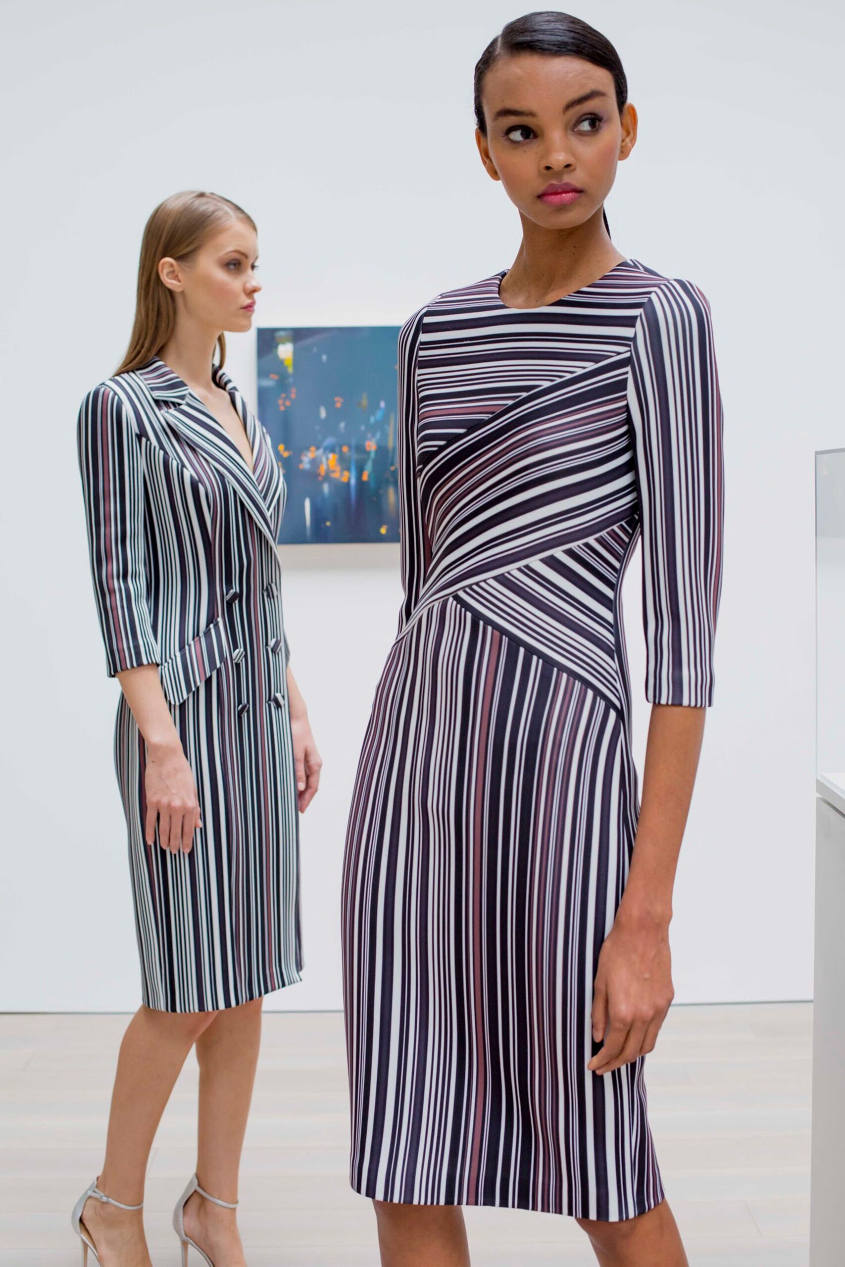 striped midi dress and tailored blazer