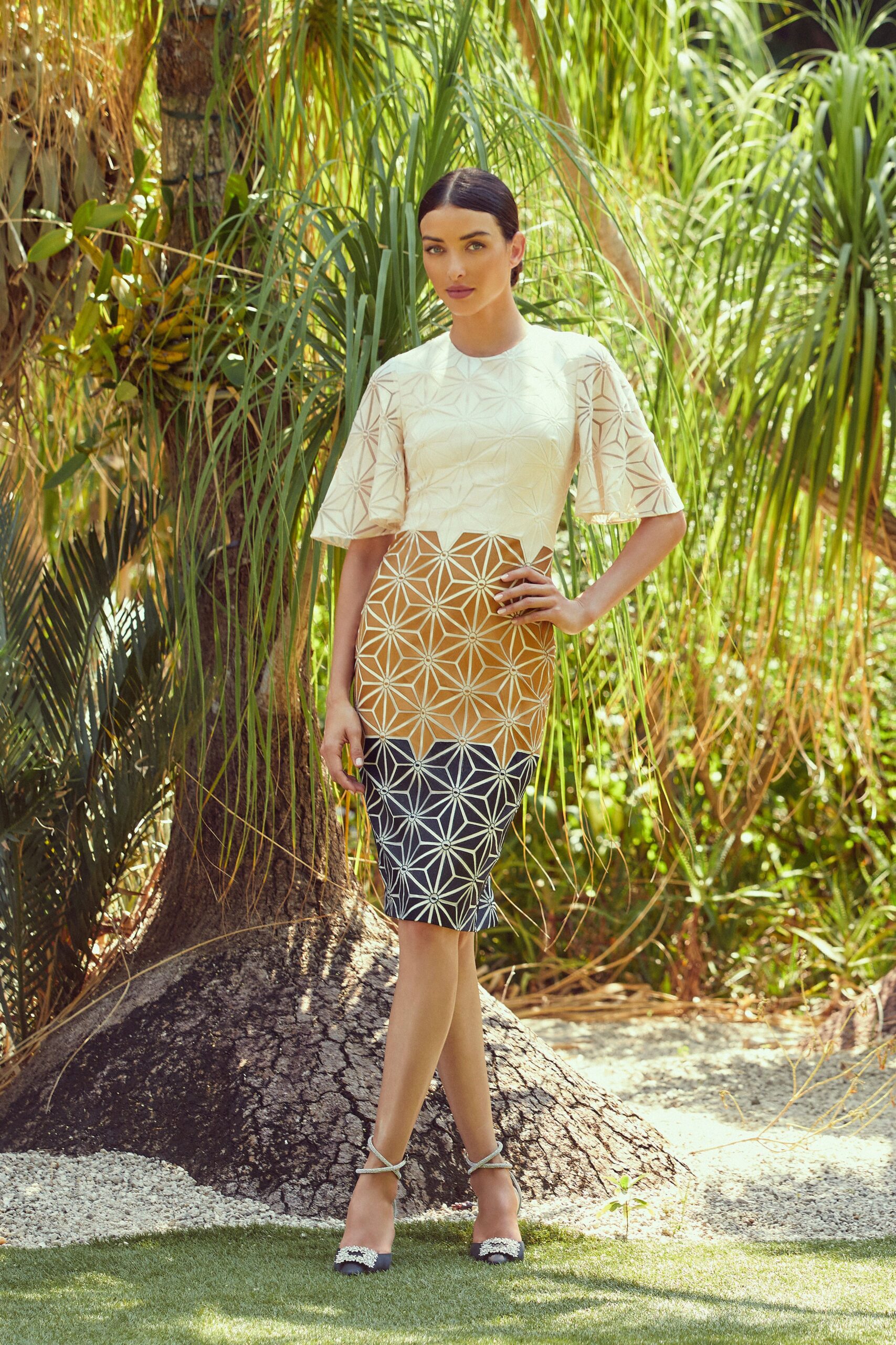 beige and black printed midi dress