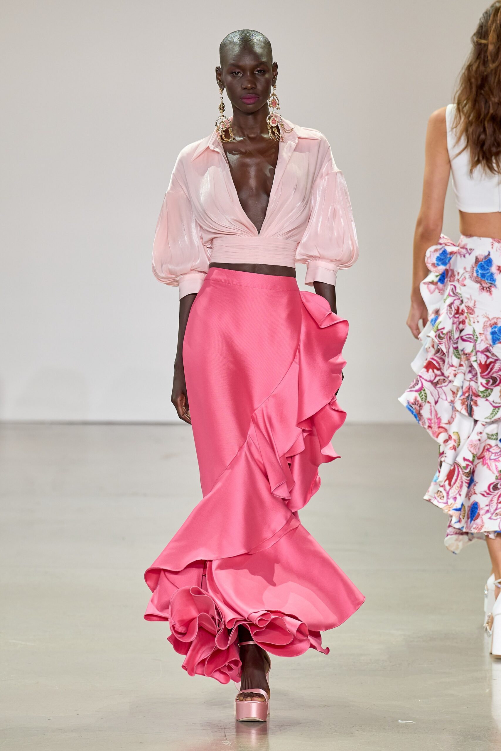pink silk fitted ruffled flowing maxi skirt
