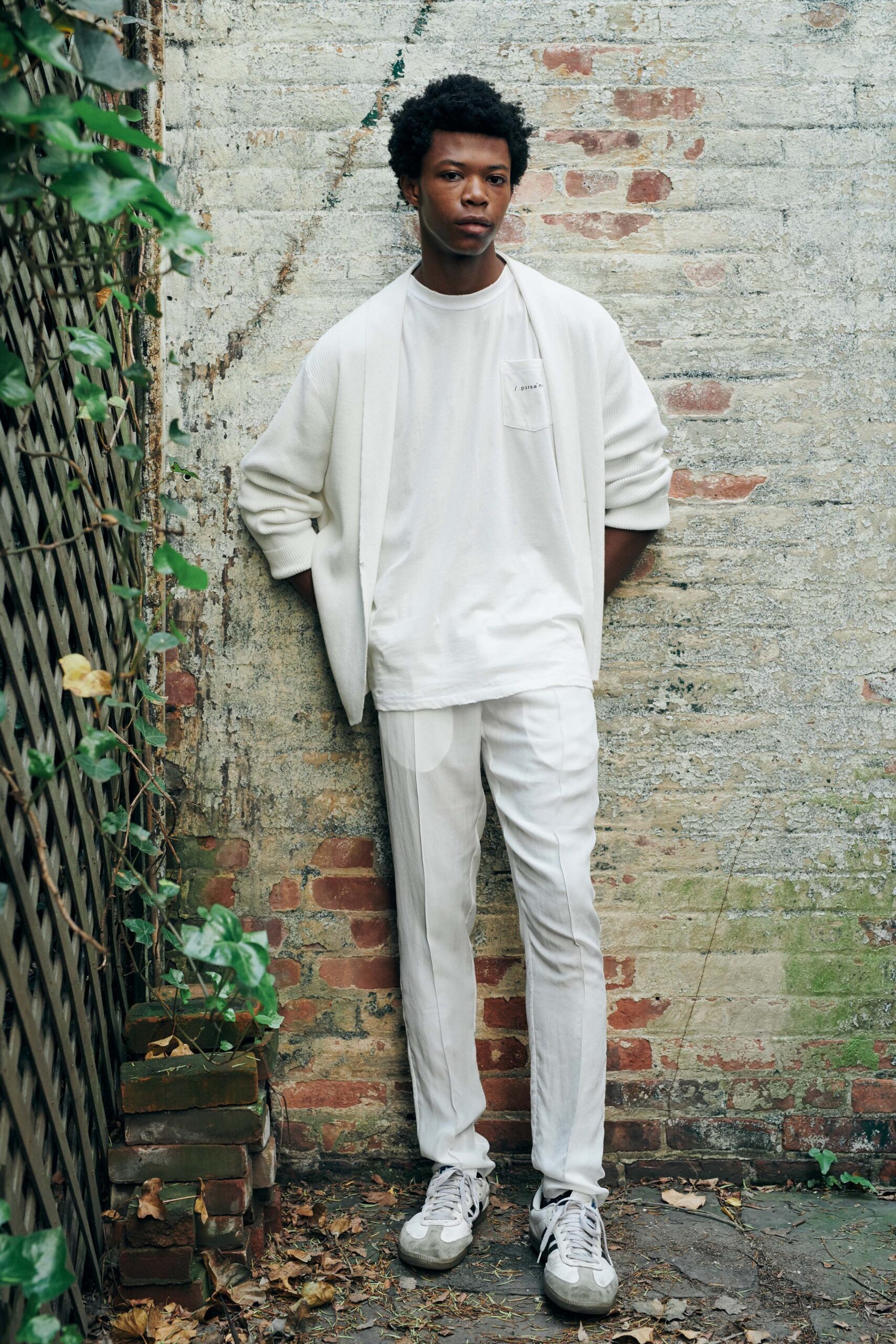 white relaxed jacket with t-shirt and pants