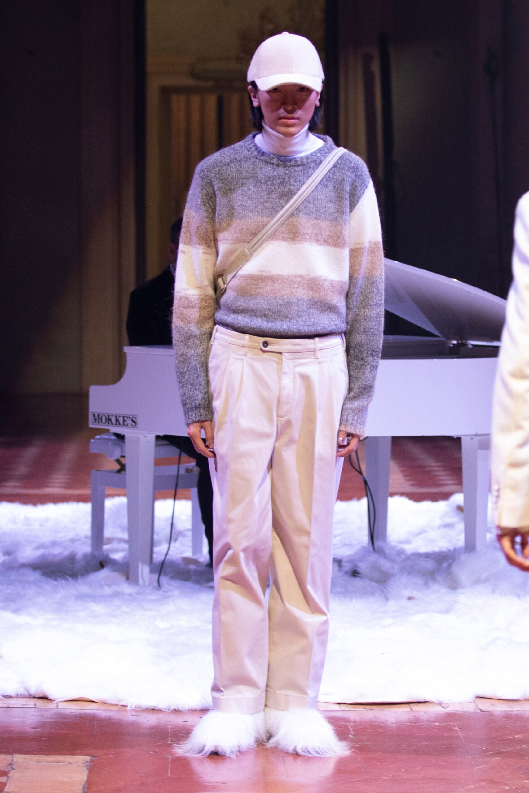 gray wool long-sleeve collared relaxed color-blocked sweater