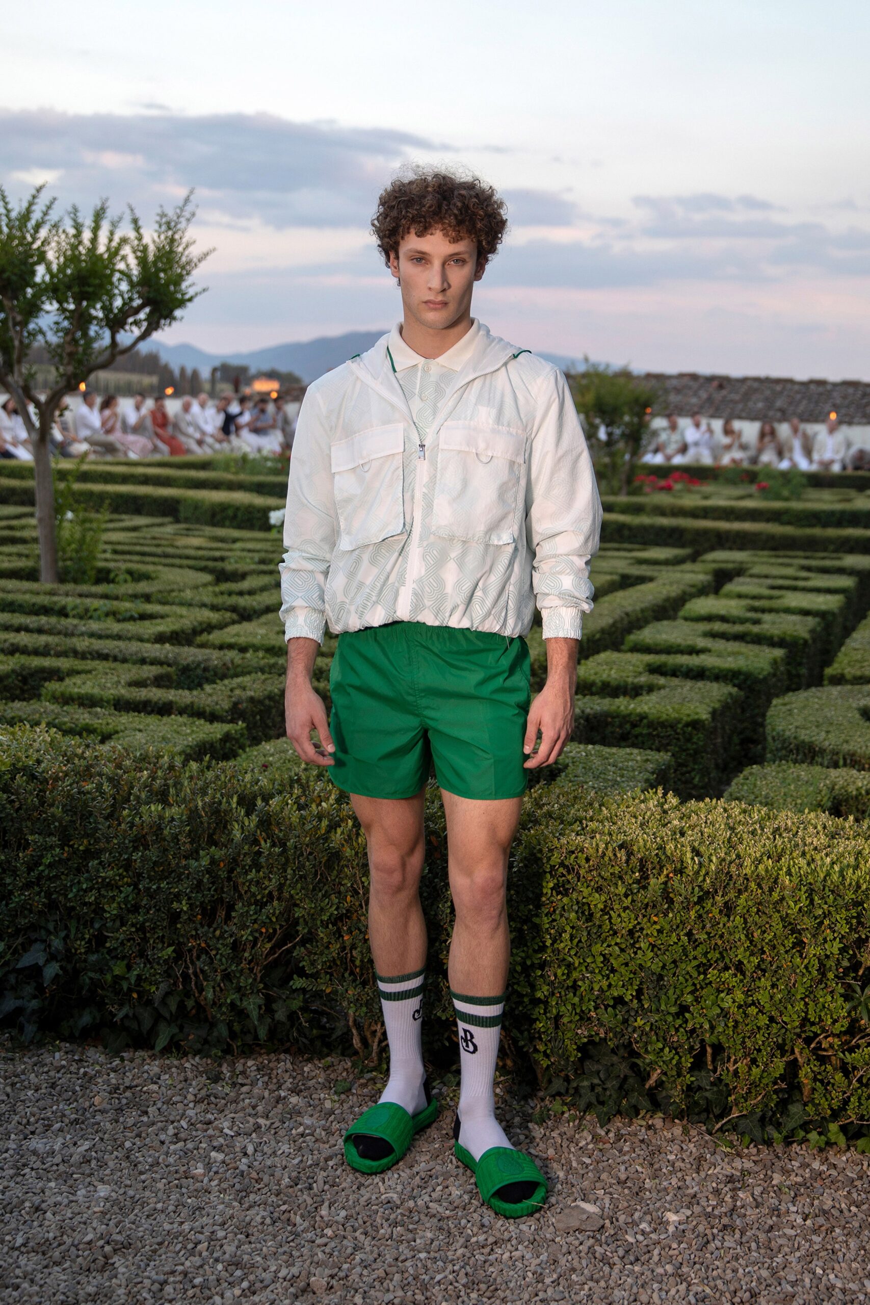 white jacket green shorts outfit