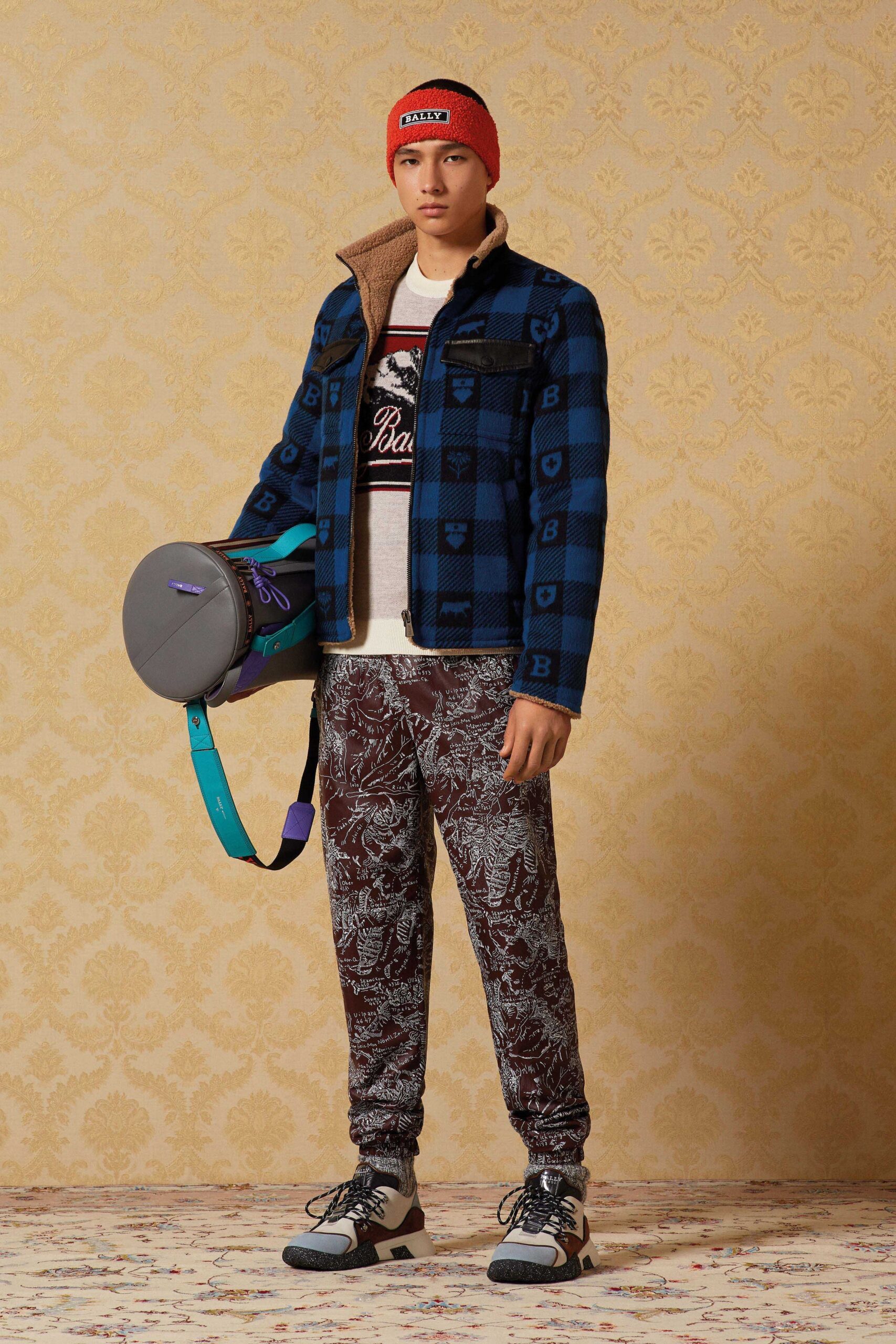 blue checked jacket with printed pants