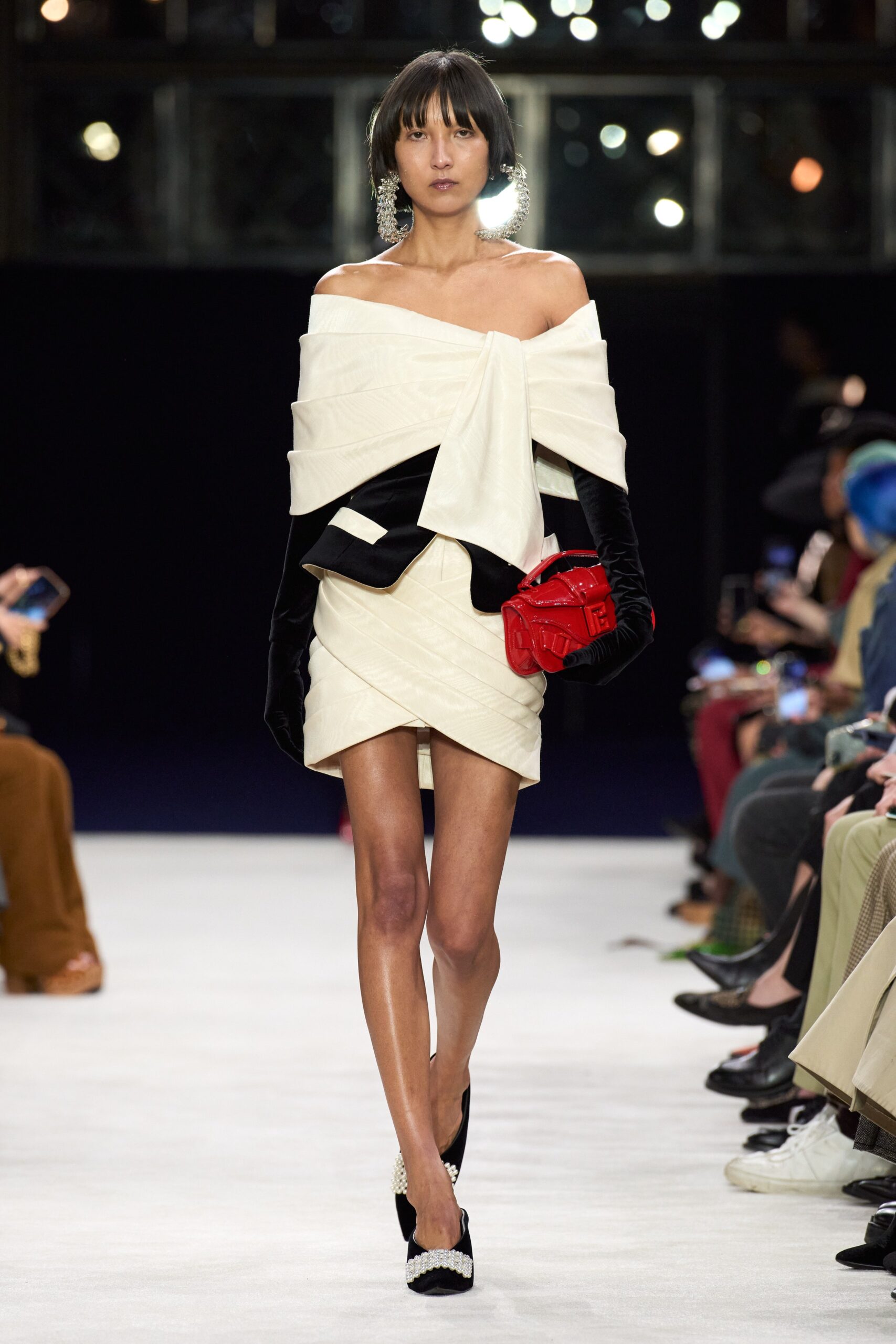 off-shoulder white mini dress