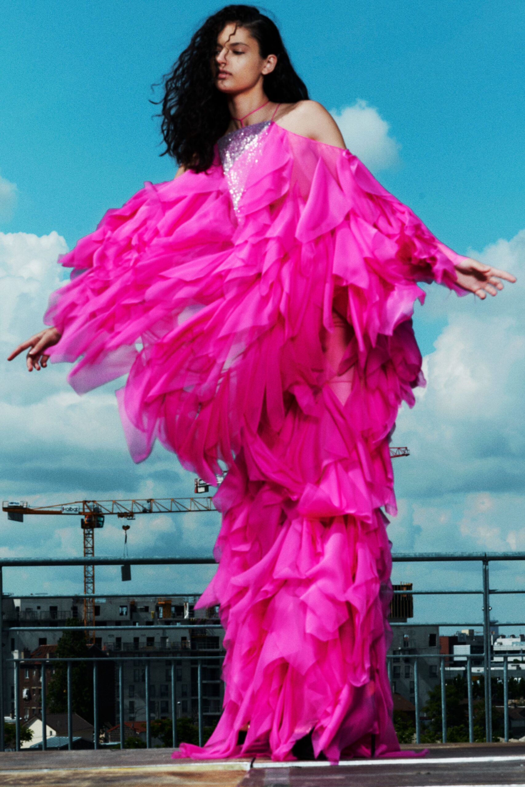 pink ruffled off-shoulder dress