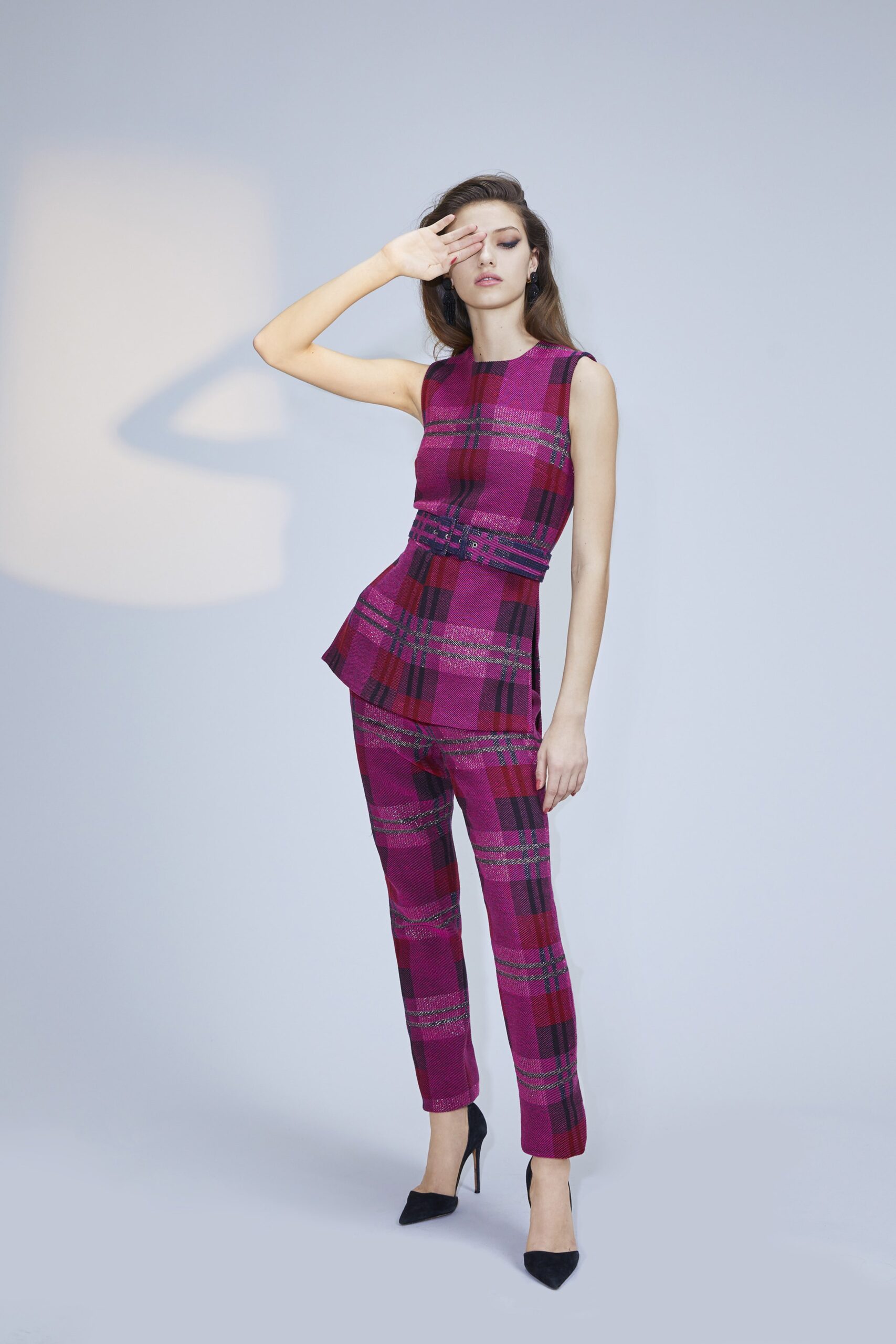 fitted pink plaid top and pants