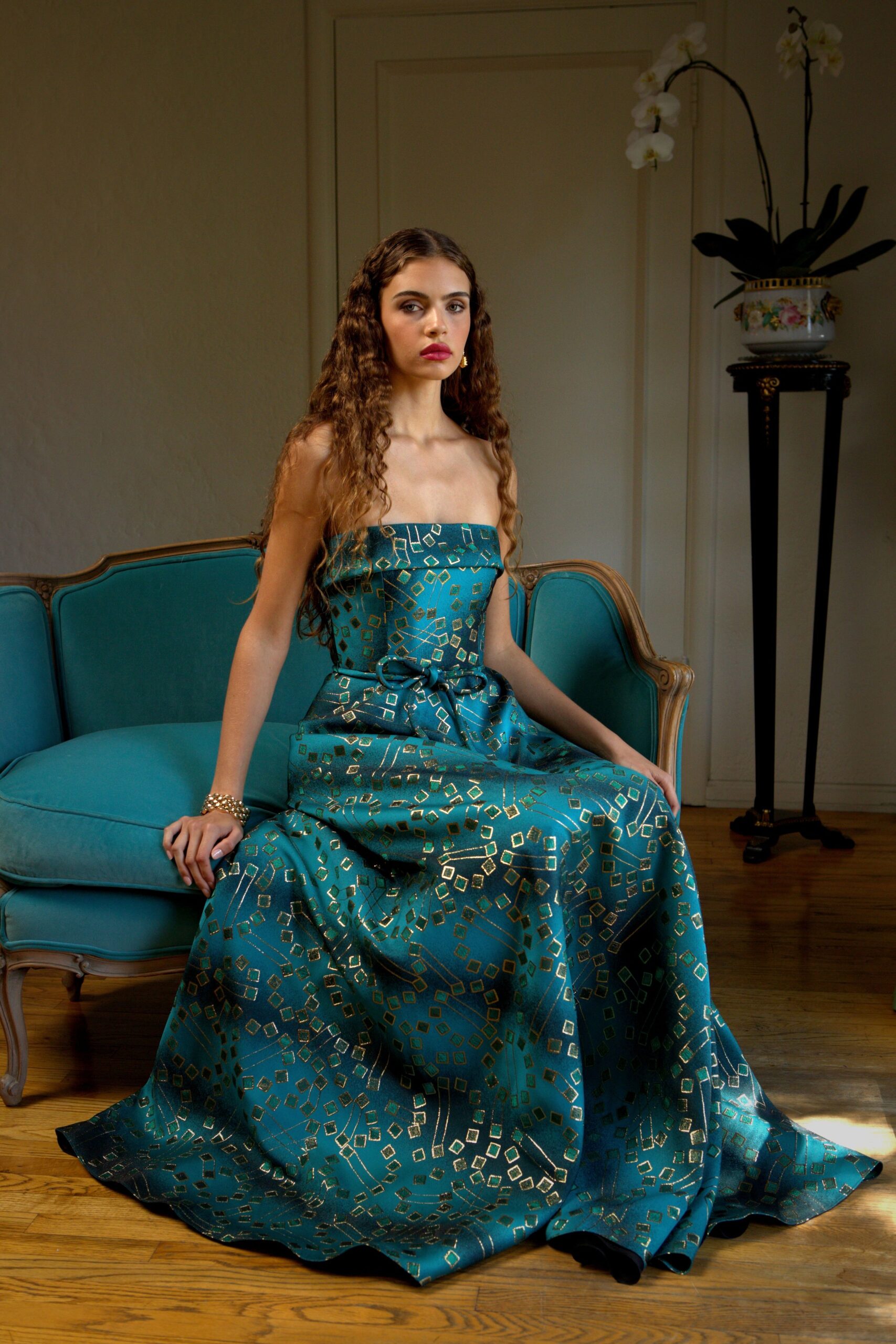 teal silk strapless gown