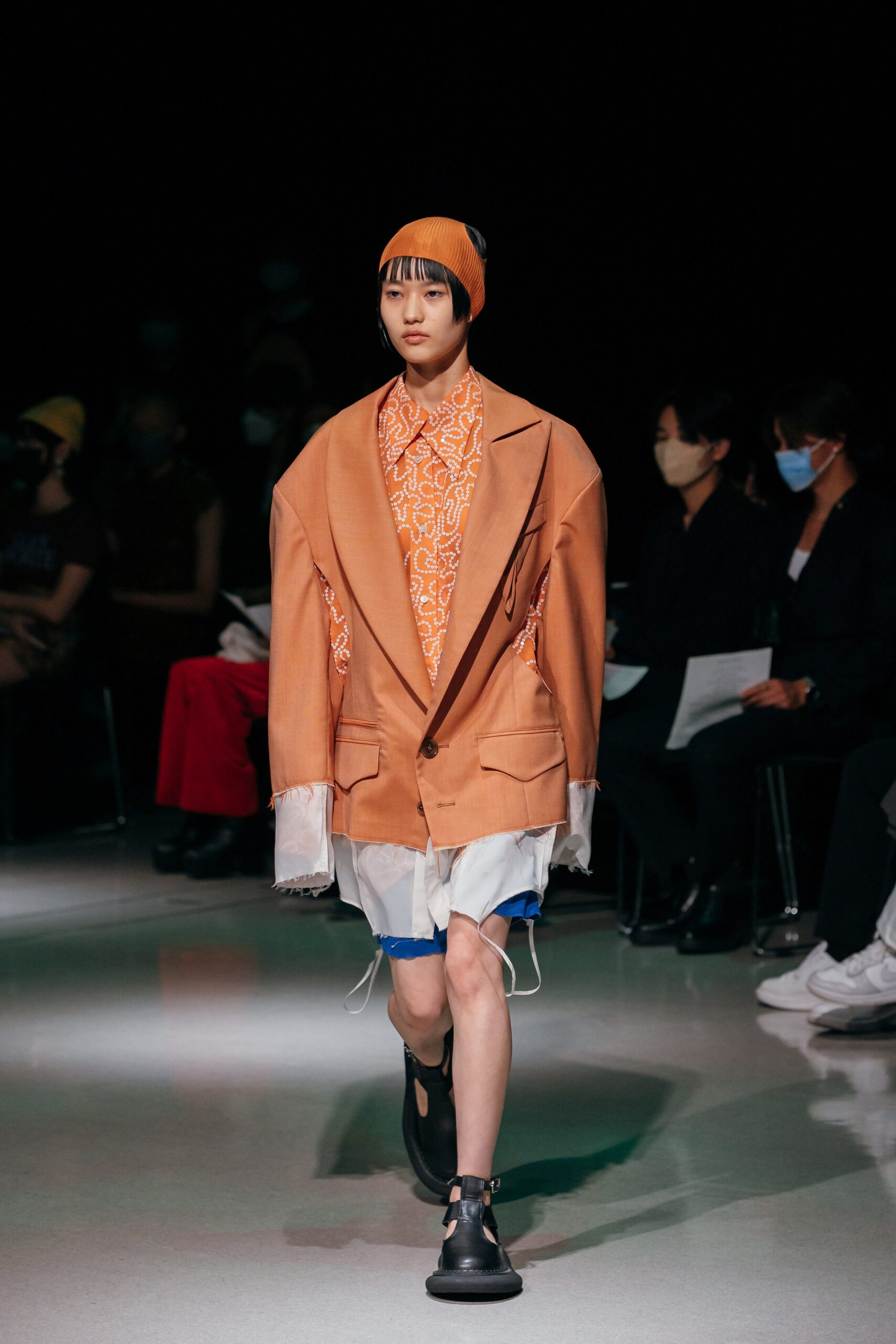 oversized orange jacket with printed shirt