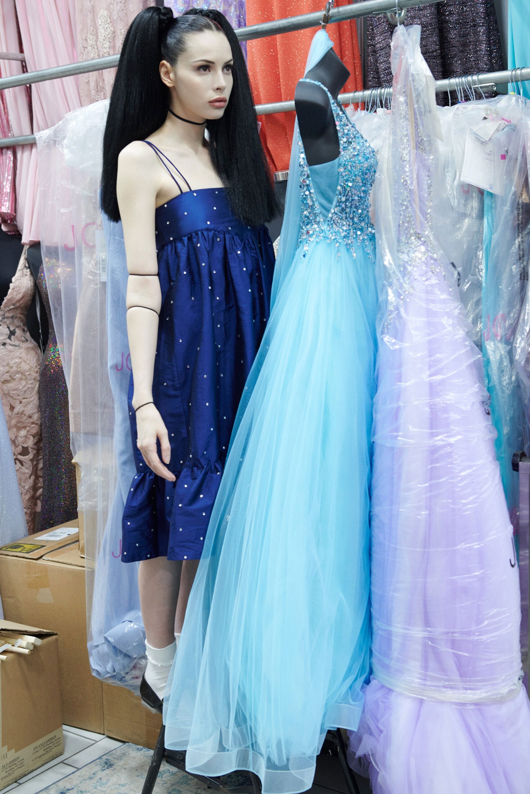 blue cotton relaxed dress and tulle gowns