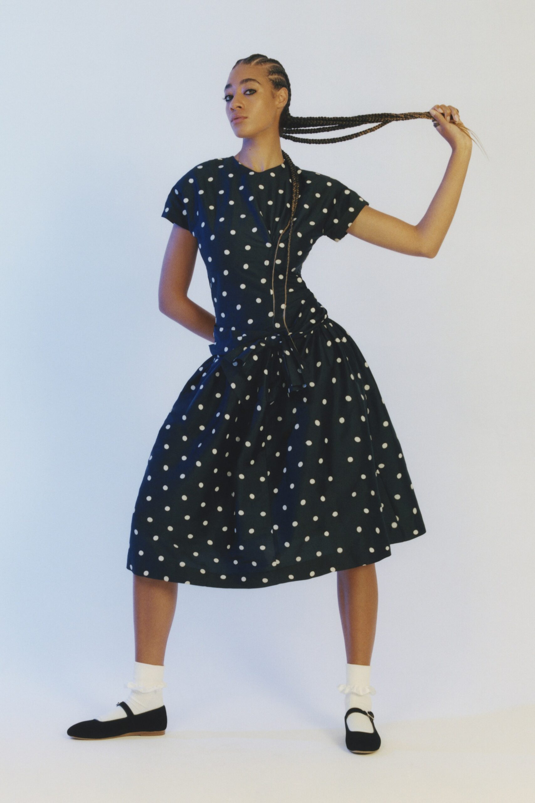 blue polka-dot midi dress
