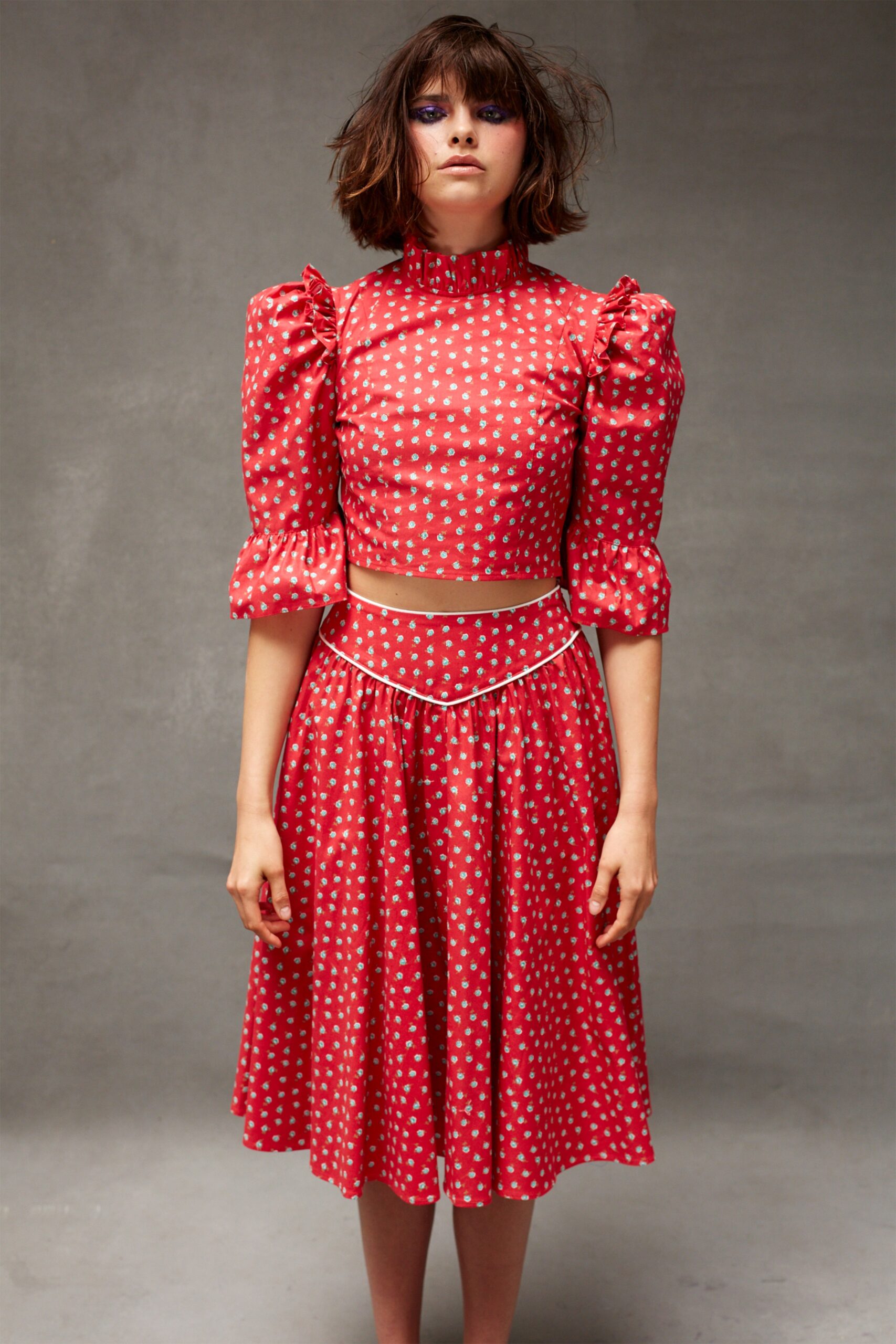 red silk fitted a-line polka-dot midi skirt