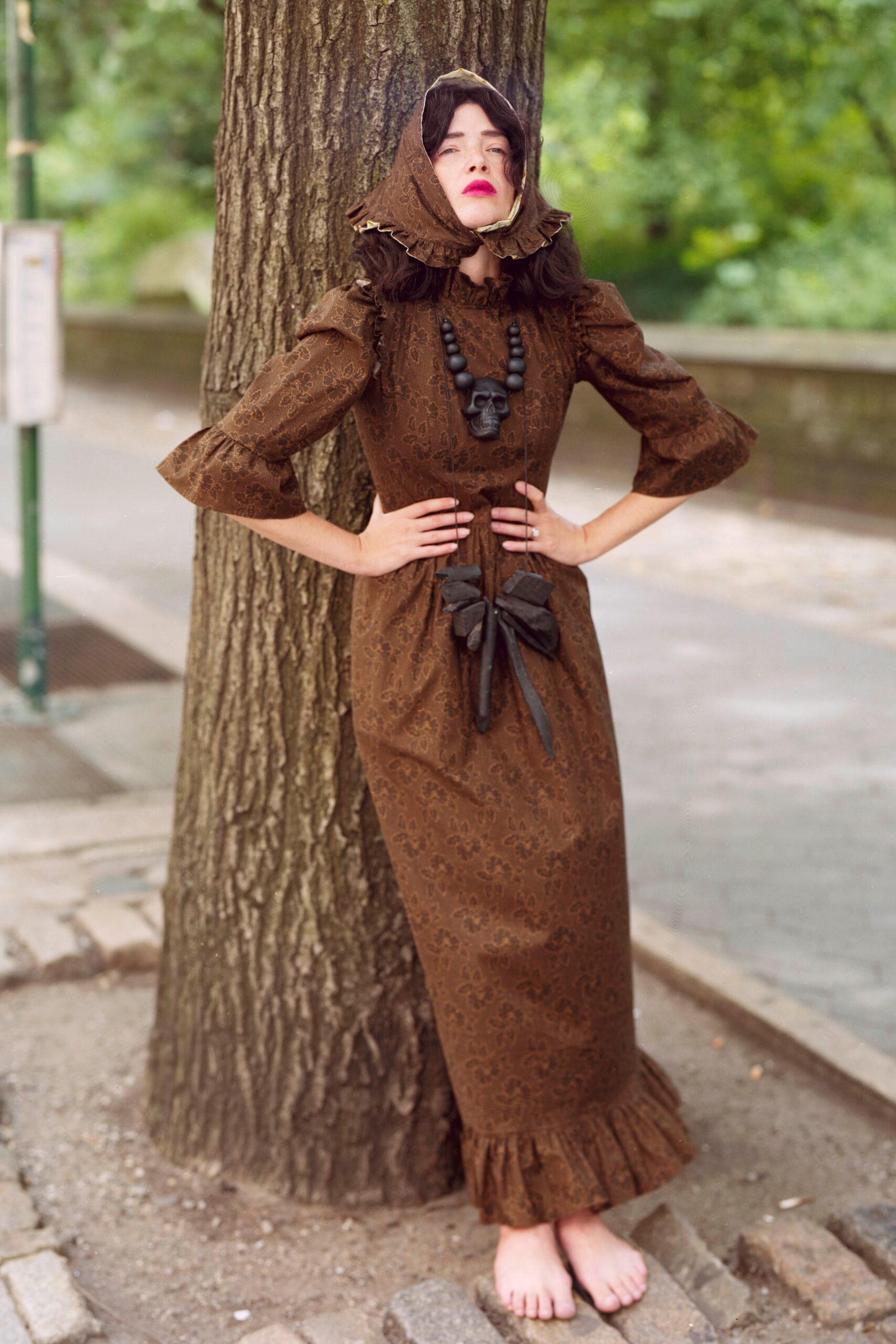 brown fitted maxi dress with ruffles