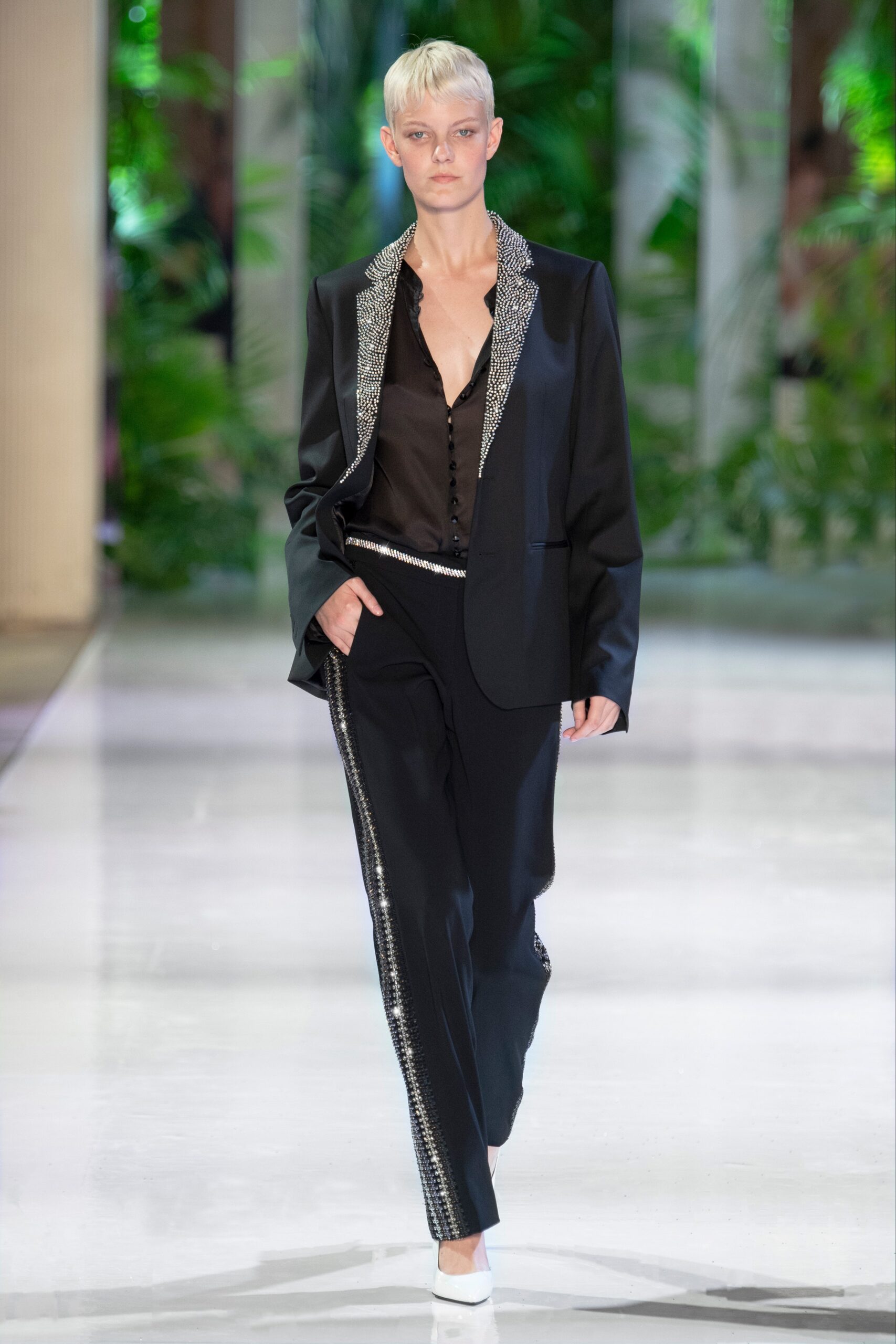 black satin tailored blazer and pants