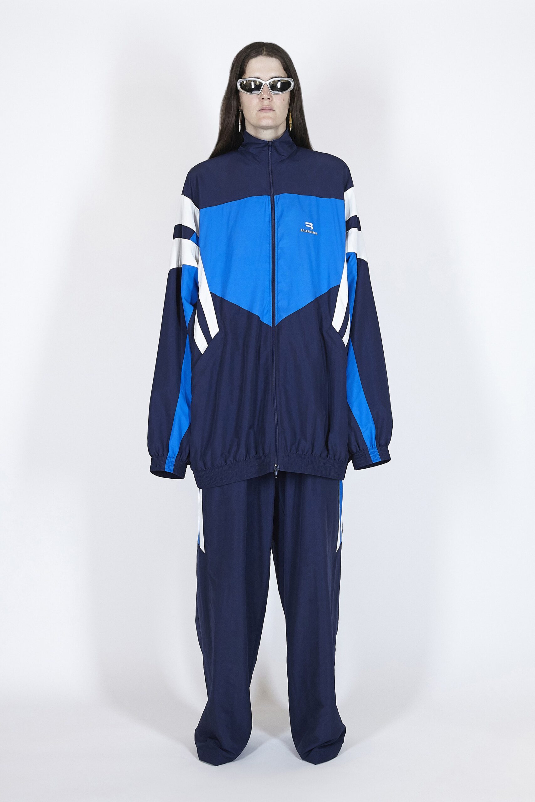 blue cotton long-sleeve collared oversized zippered jacket
